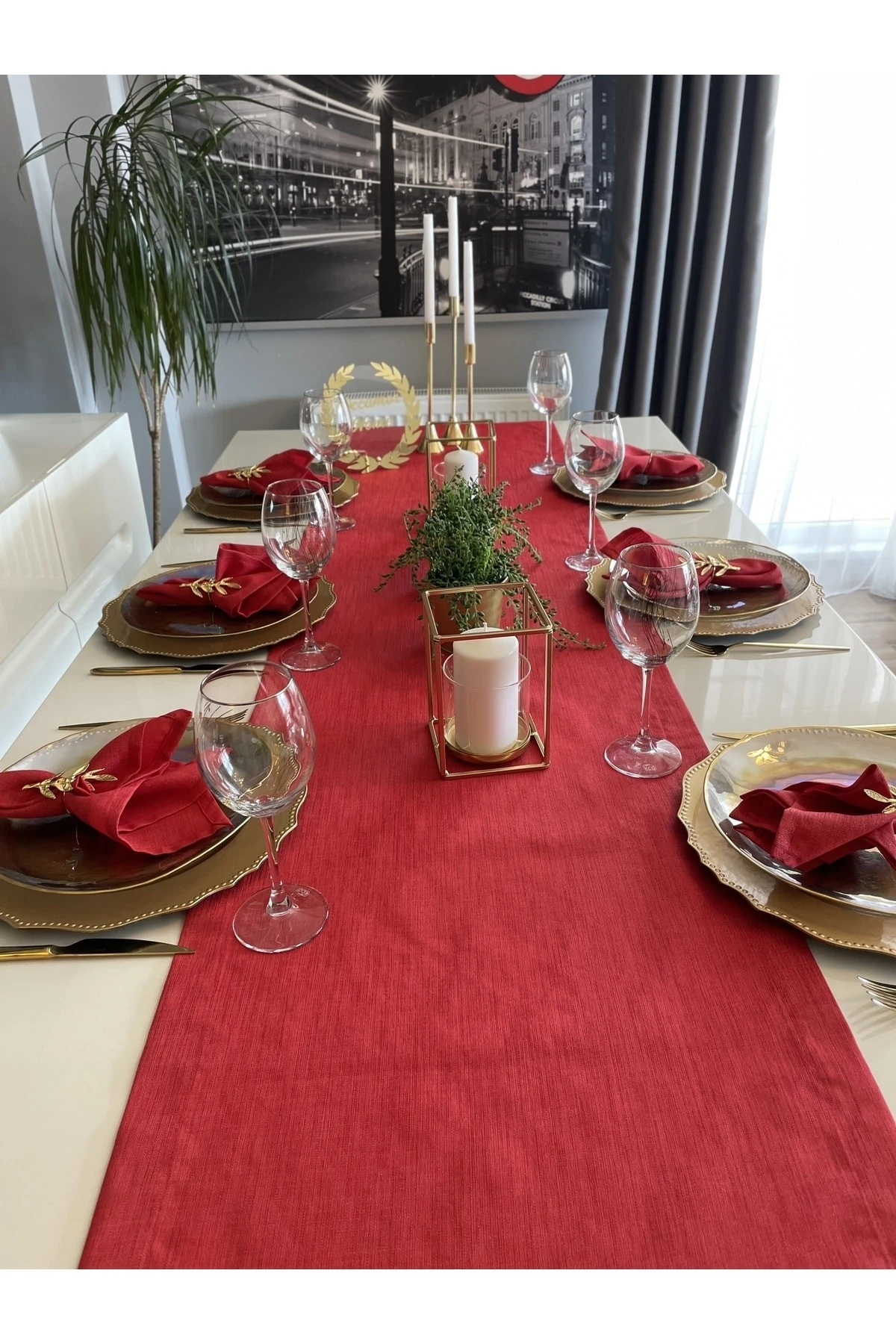 Keten Dokulu Simli Kırmızı Runner Yılbaşı Runner