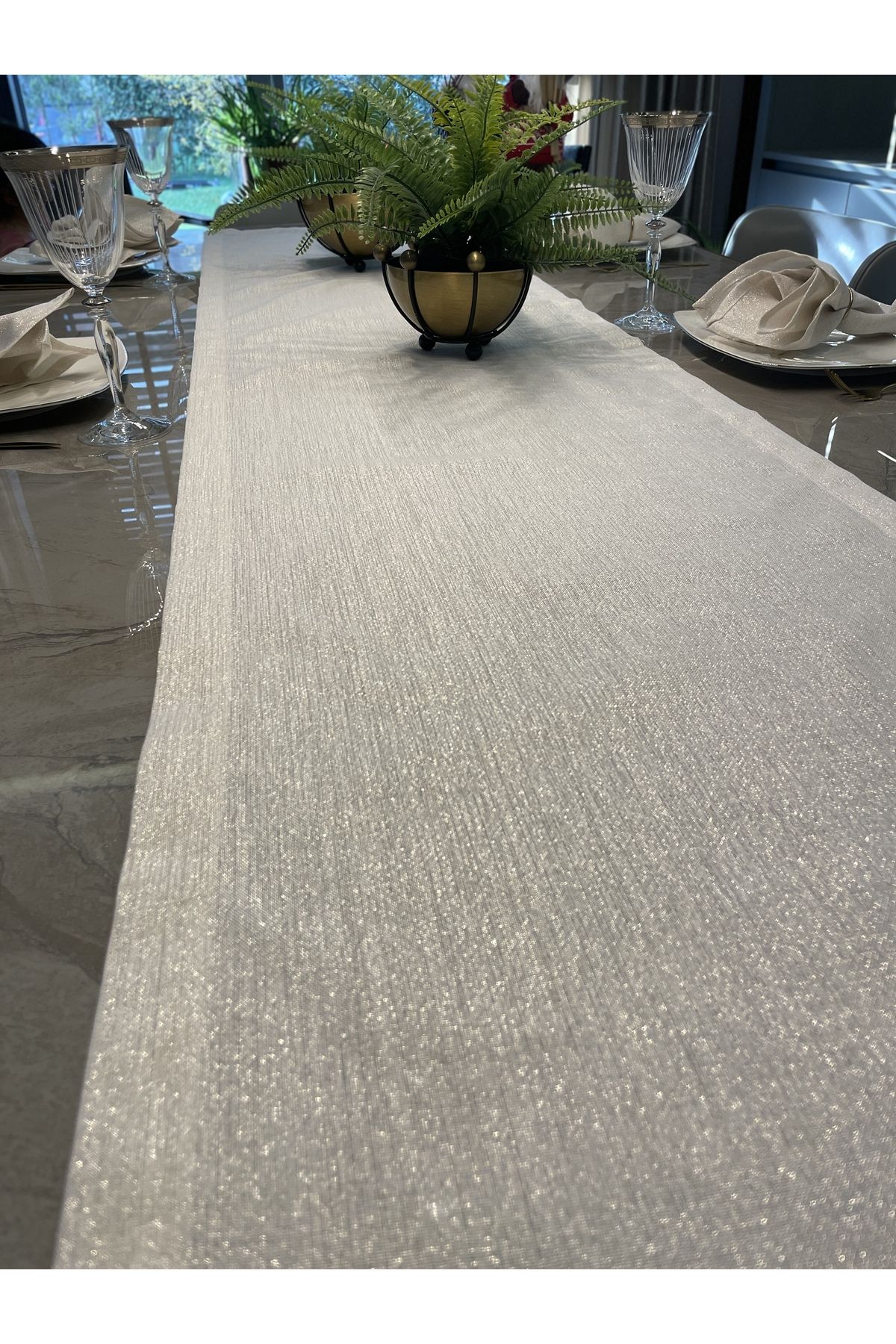 Gold Simli Ekru Uzun Runner