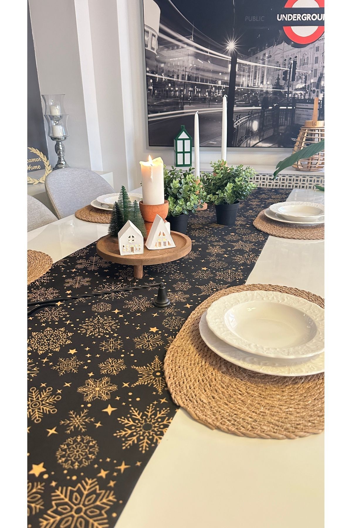 Yeni Yıl Temalı Siyah Runner Yılbaşı Masası Yılbaşı Runner