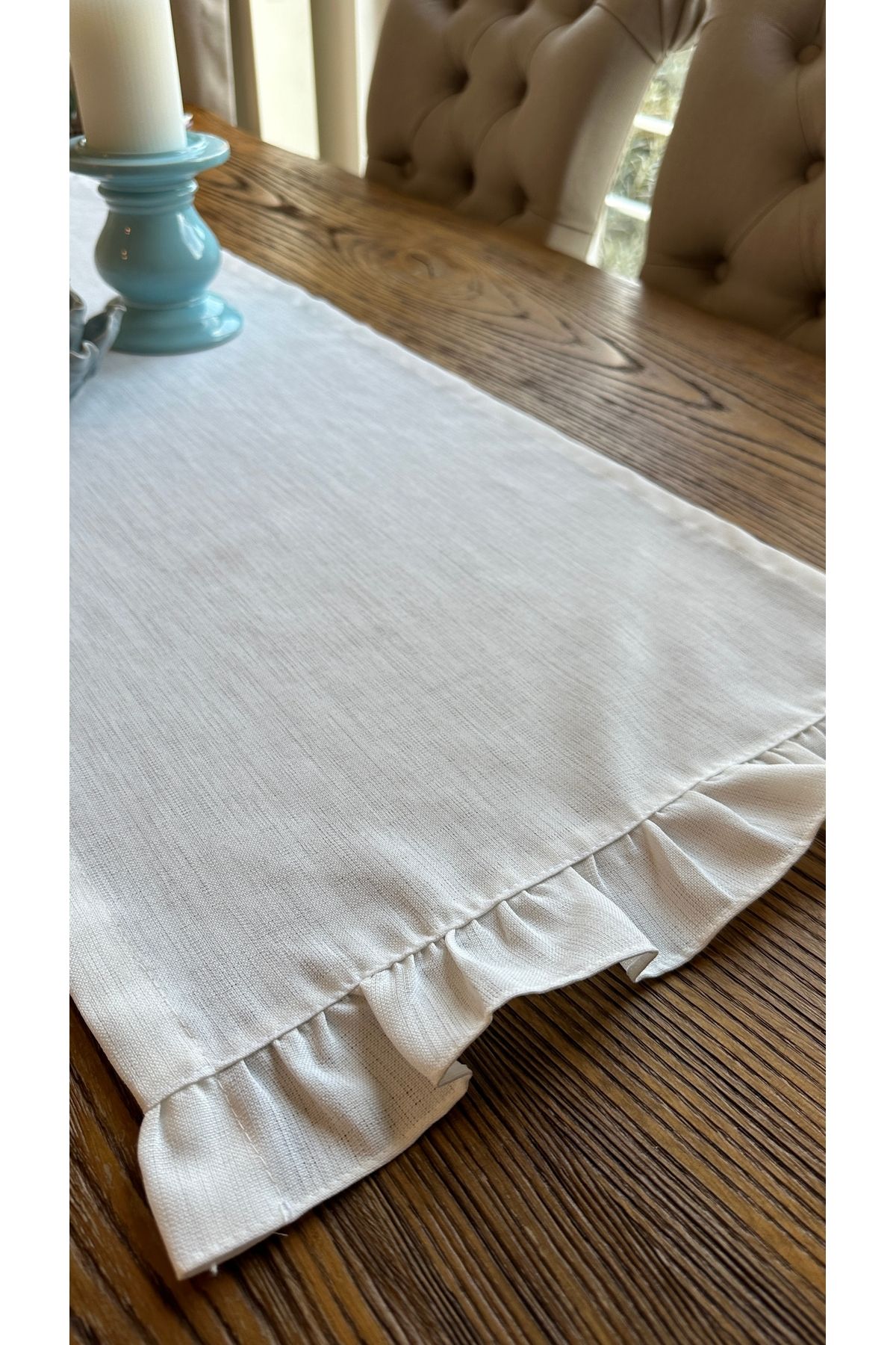 Keten Dokulu Dertsiz Beyaz Fırfırlı Runner