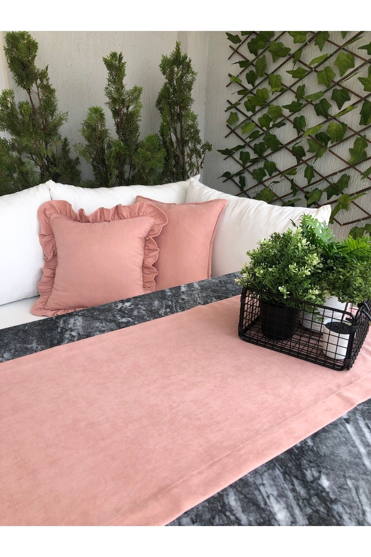 Kadife Dokulu Dertsiz Pudra Pembe Runner