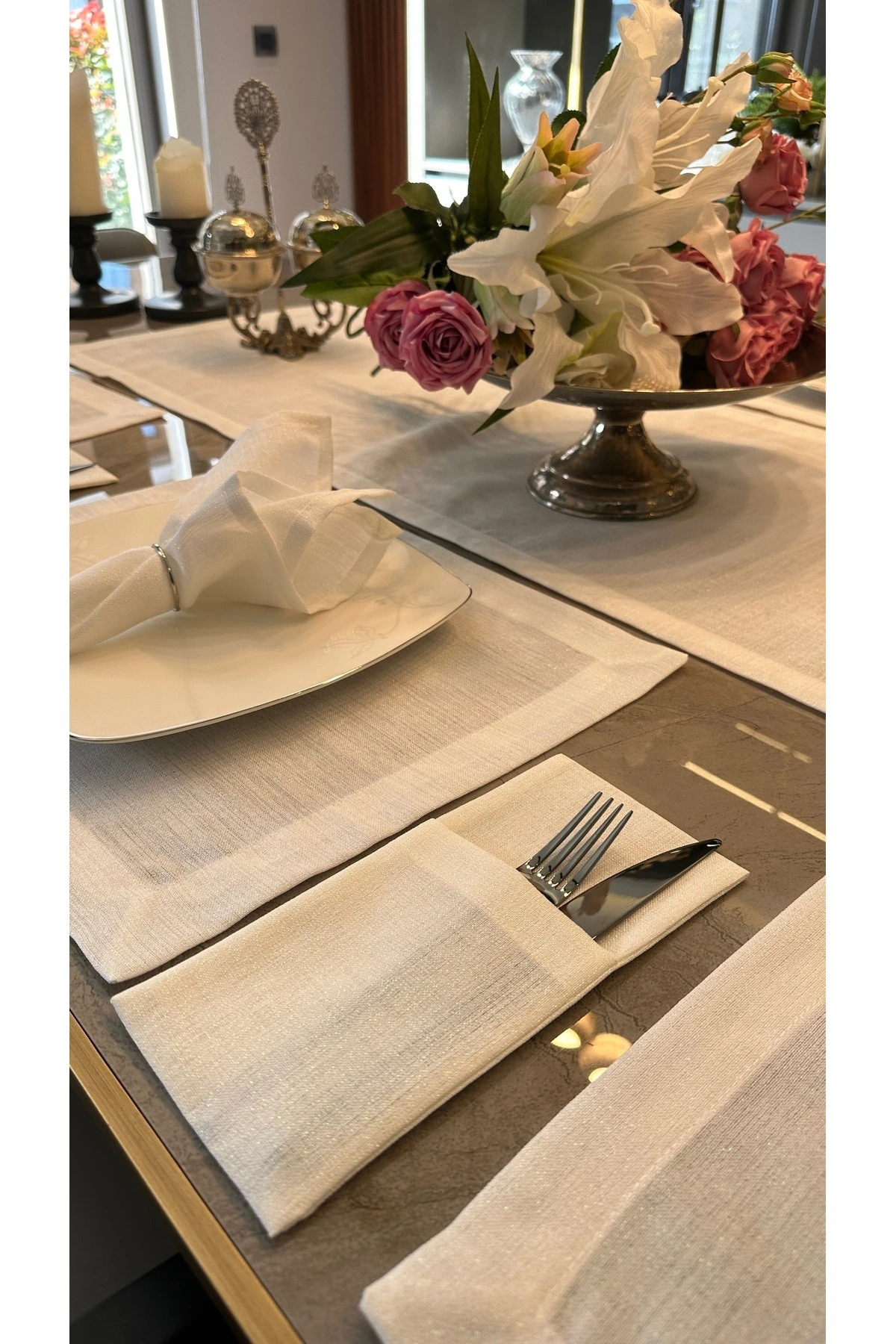 Keten Dokulu Simli Kaşıklık 8'li - 1