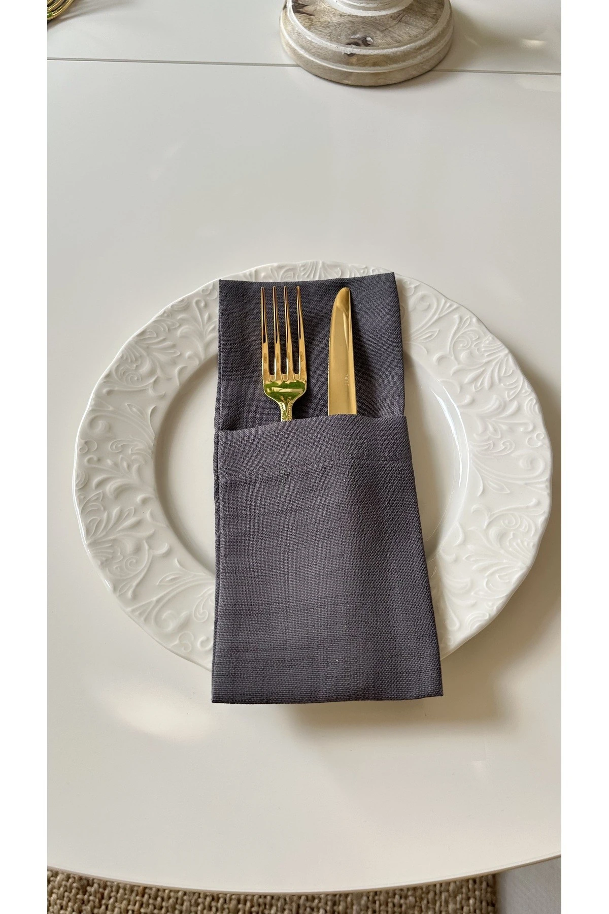 6 ad Keten Dokulu Füme Gri Kaşıklık 10 x 24 cm