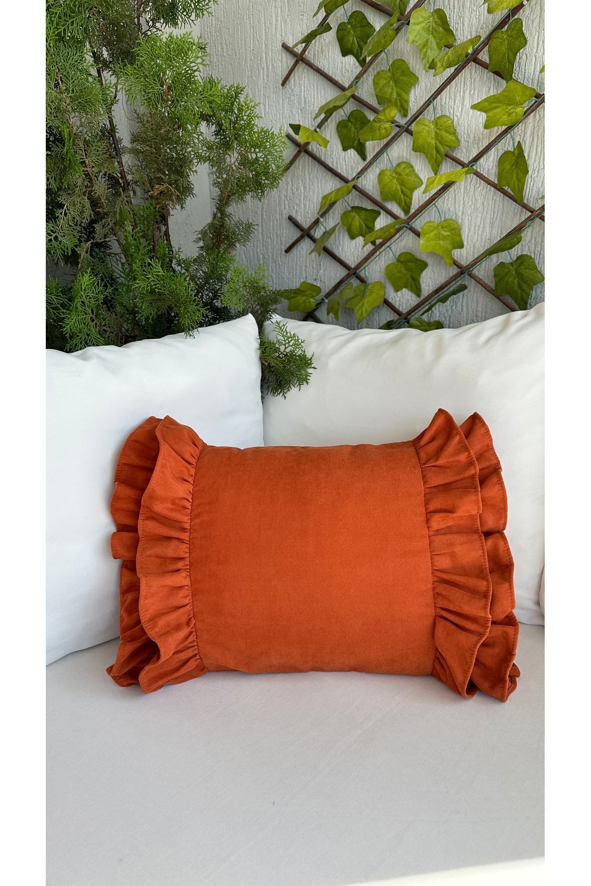 Tasarım Model Kiremit Turuncu Çift Kat Fırfırlı Kırlent Kılıfı