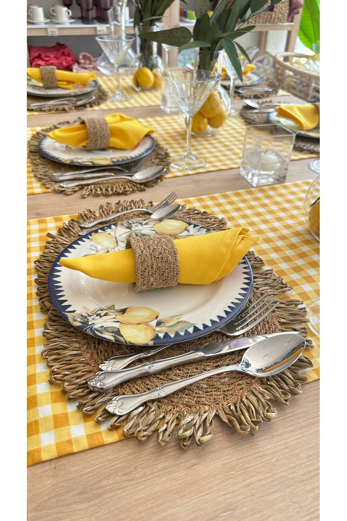 6 ad Set Oval Fırfırlı Hasır Supla ve 6 ad Hasır Peçete Yüzüğü