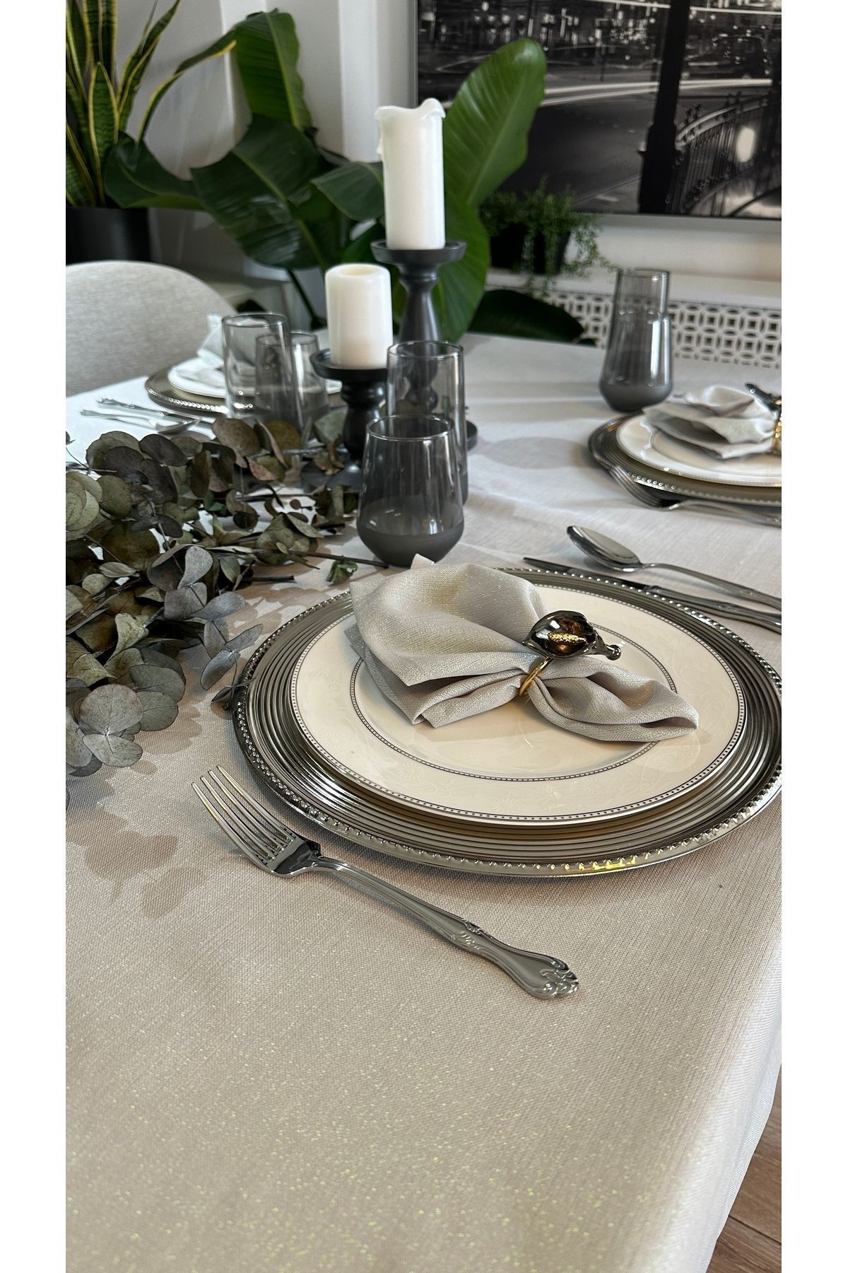 6'lı Keten Dokulu Simli Gri Peçete Kumaş Peçete