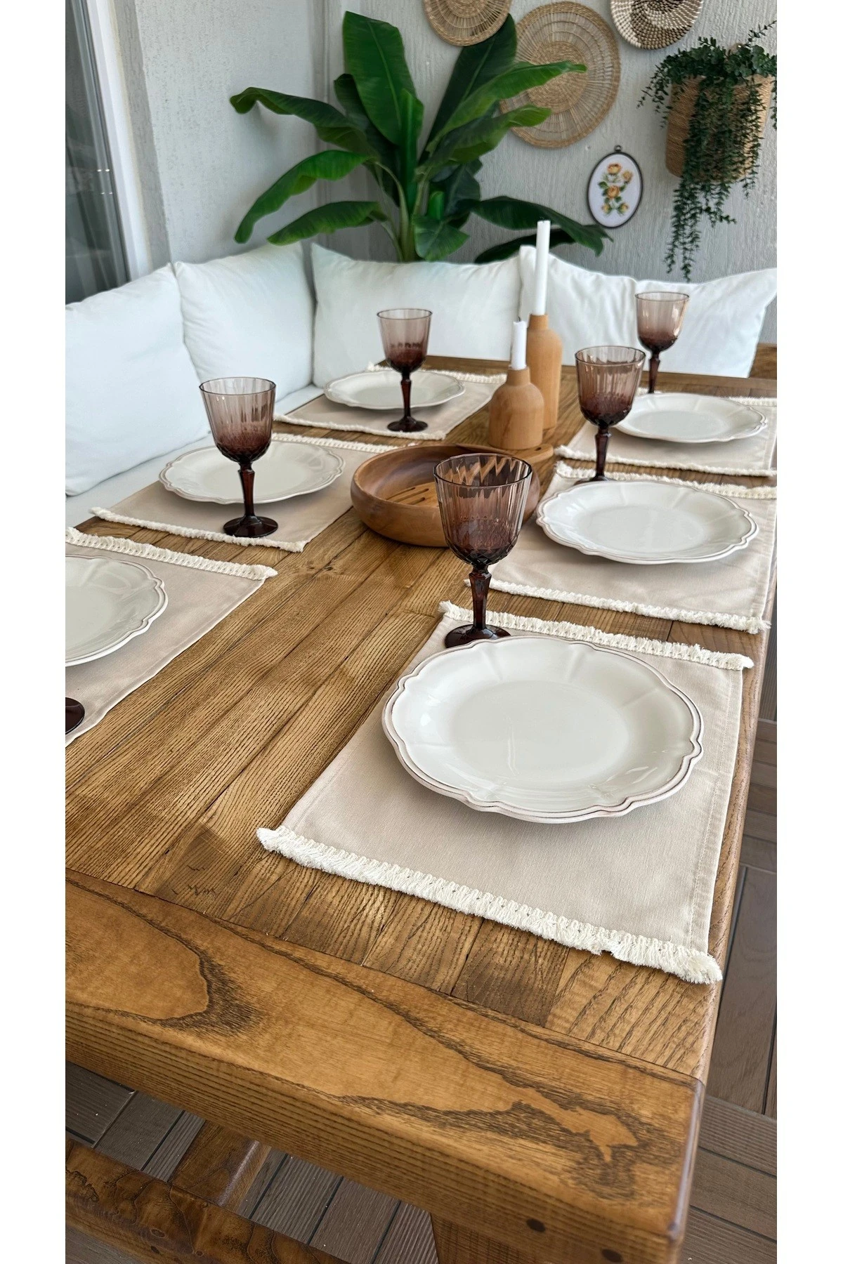 6 ad Püsküllü Bej Amerikan Servis Sunumu Leke Tutmaz