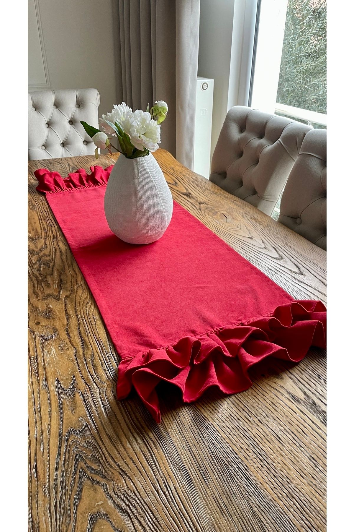 Kadife Dokulu Fırfırlı Kırmızı Runner Yeniyıl Özel Seri