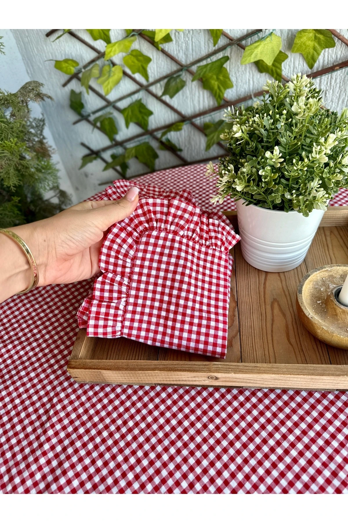 Thin Keten Kumaş 2’li Kırmızı Mini Pötikare Fırfırlı Peçete