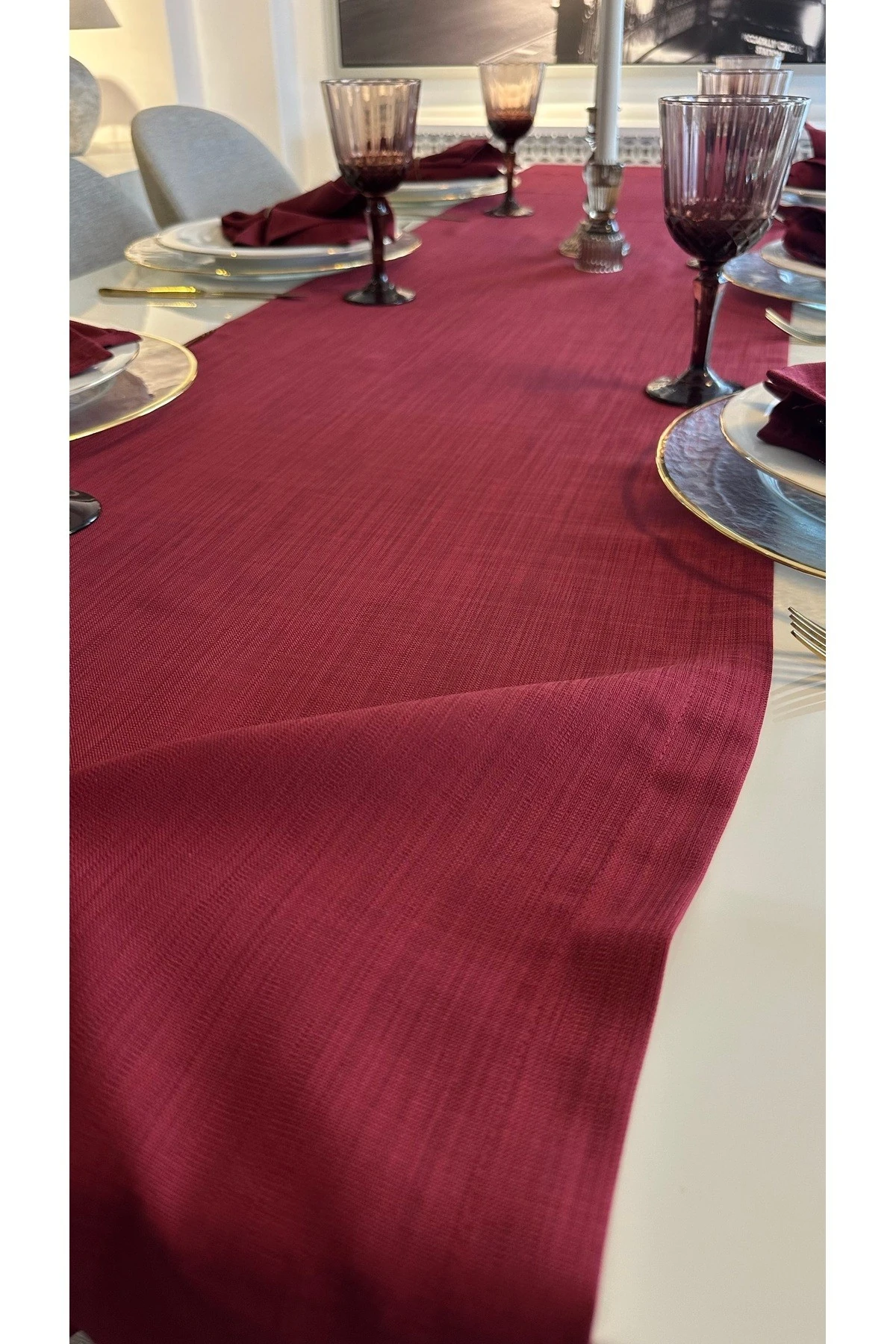 Keten Dokulu Şarabi Bordo Runner Dertsiz Kumaş