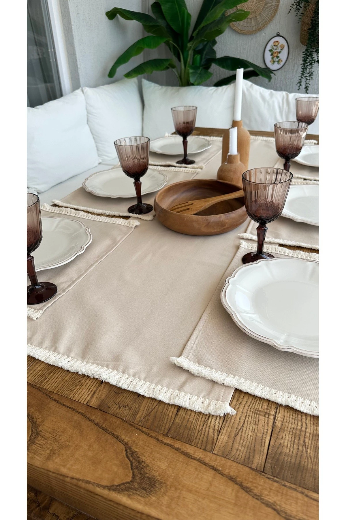 7 parça 6 kişilik Püsküllü Bej Amerikan Set