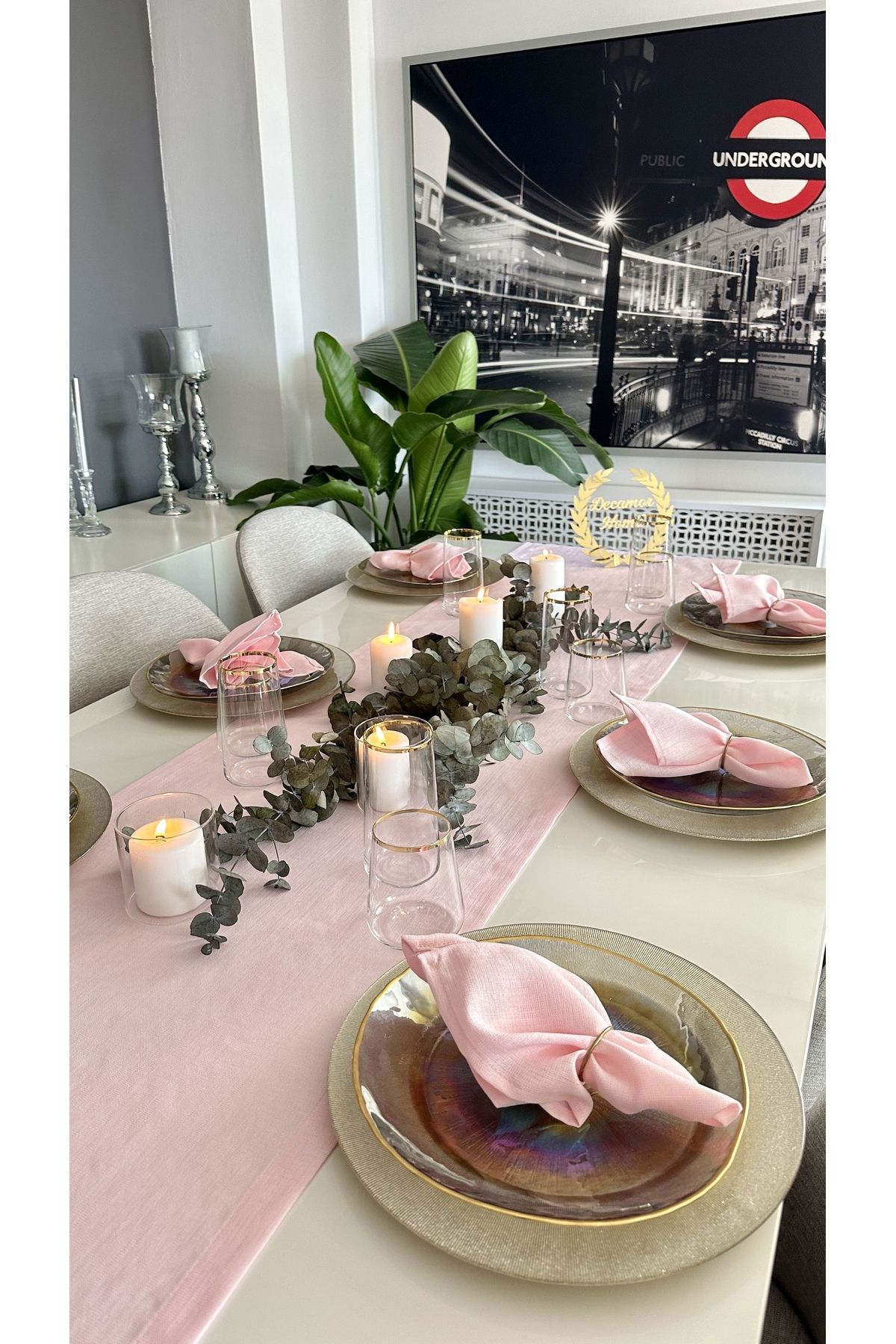 Dertsiz Simli Şeker Pembe Keten Dokulu Runner