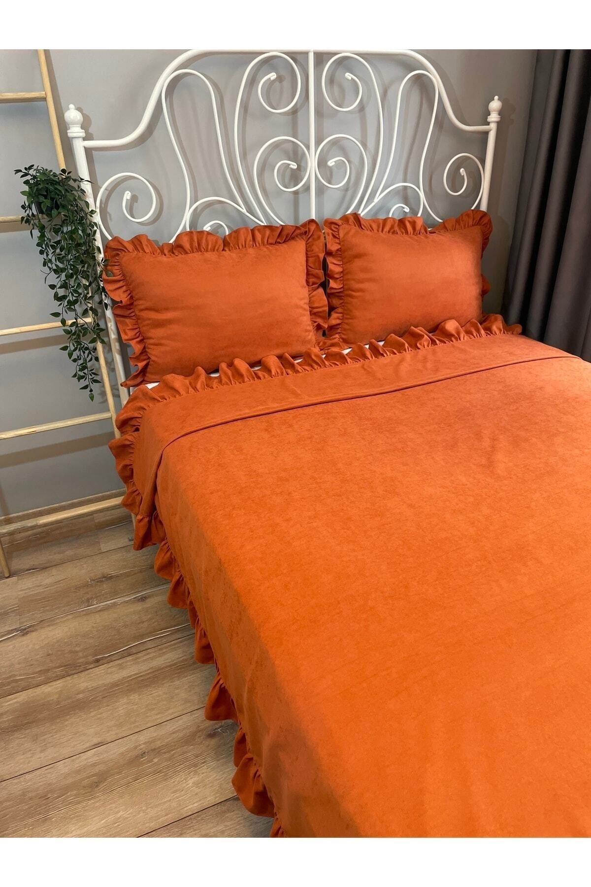 Kiremit Tarçın Rengi Fırfırlı Yatak Örtüsü Set Tek Kişilik