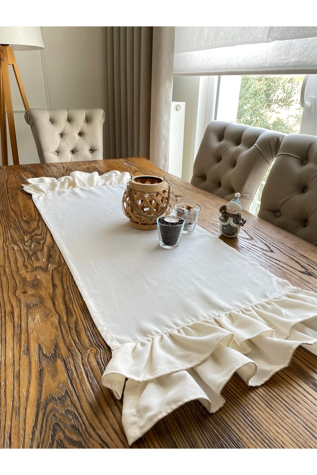 Lacivert Çiftkat Fırfırlı Kısa Sehpa Runnerı 40 x 80 cm - Ekru