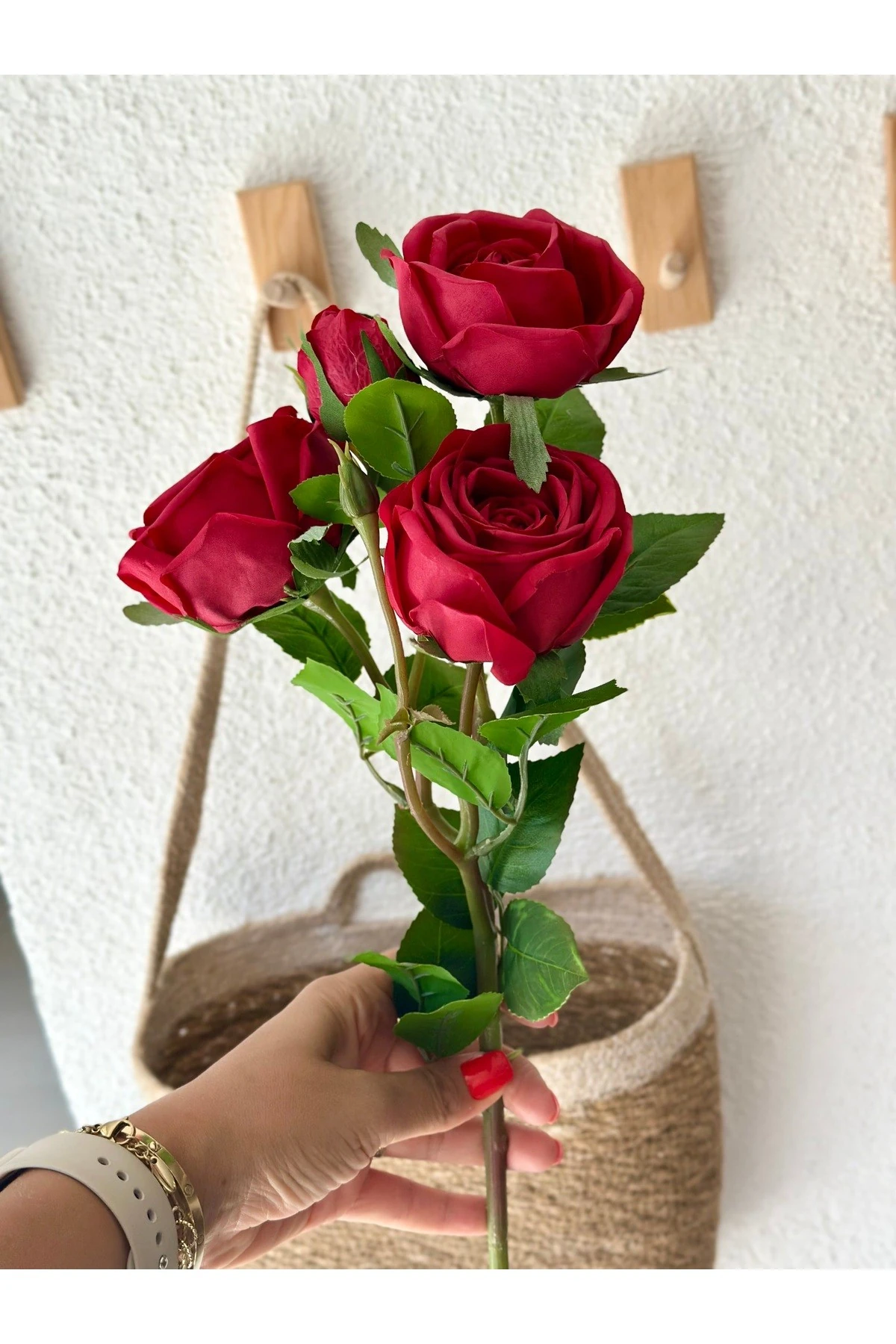 Islak Dokulu Yapay Kırmızı Gül 75 cm