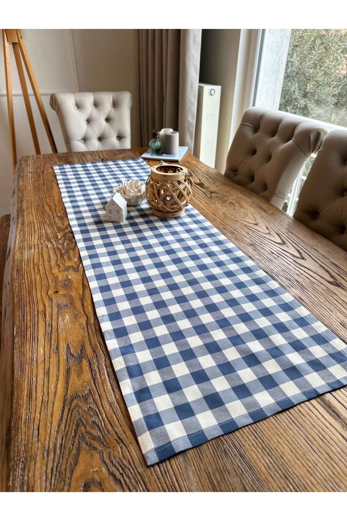 Kareli Mavi Beyaz Keten Dertsiz Runner