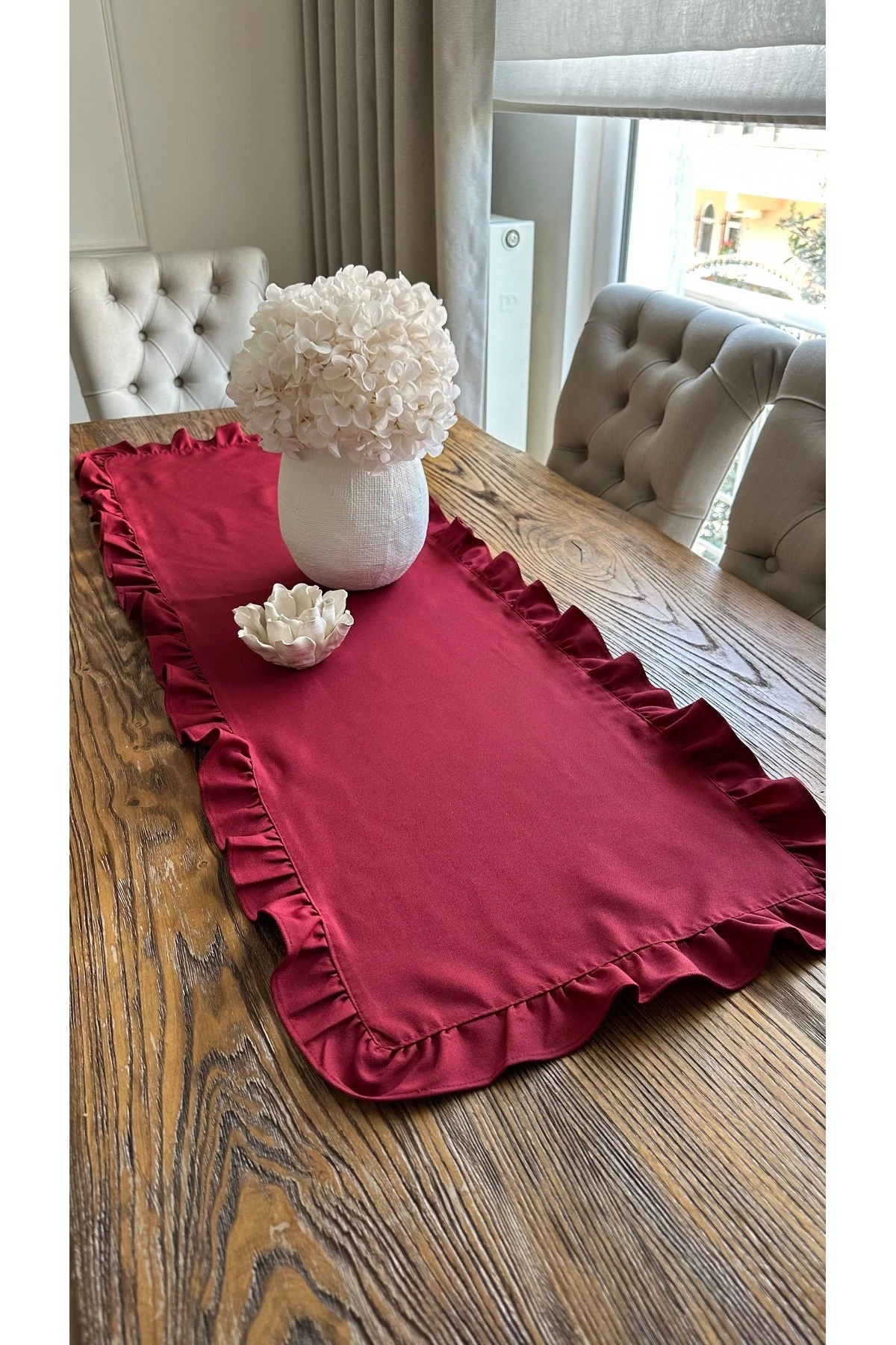 Pamuklu Dertsiz Leke Tutmaz Vintage Tam Fırfırlı Bordo Runner