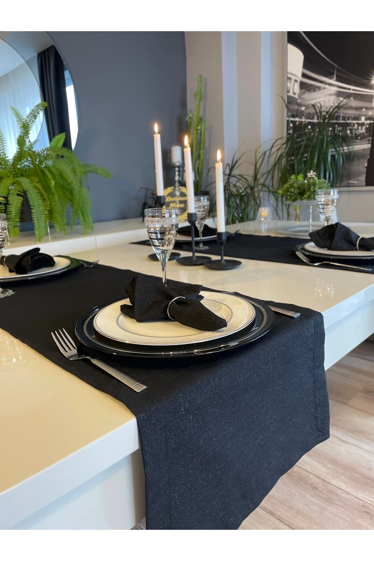 6 'lı Keten Dokulu Simli Siyah Peçete Kumaş Peçete