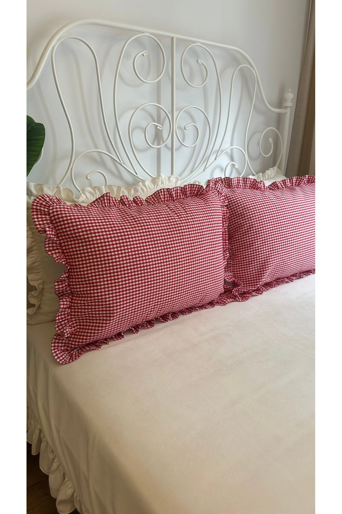 2 li Büyük Boy Keten Kırmızı Beyaz Mini Pötikare Yastık Kılıfı