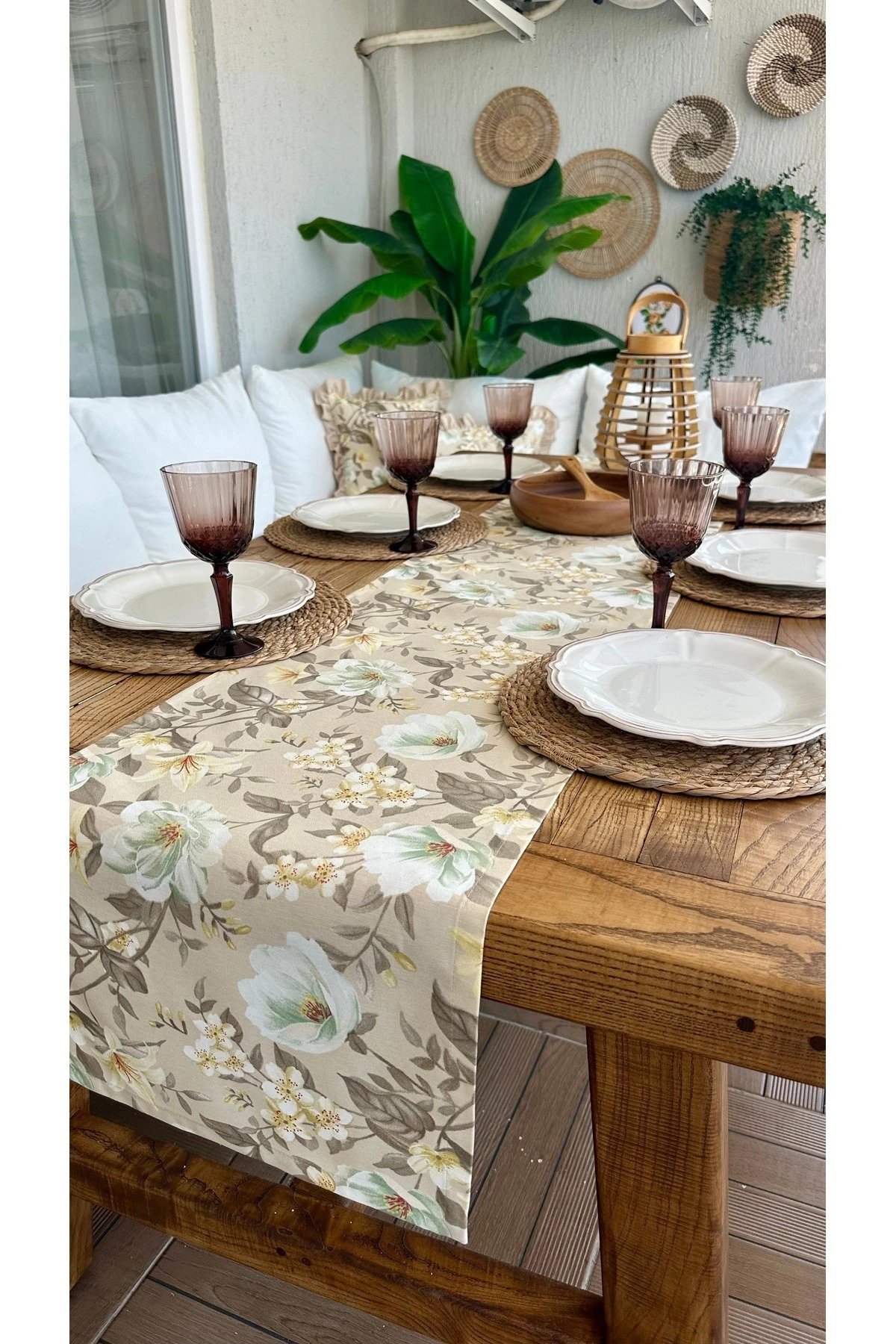 Çiçek Desenli Keten Dokulu Leke Tutmaz Runner 4