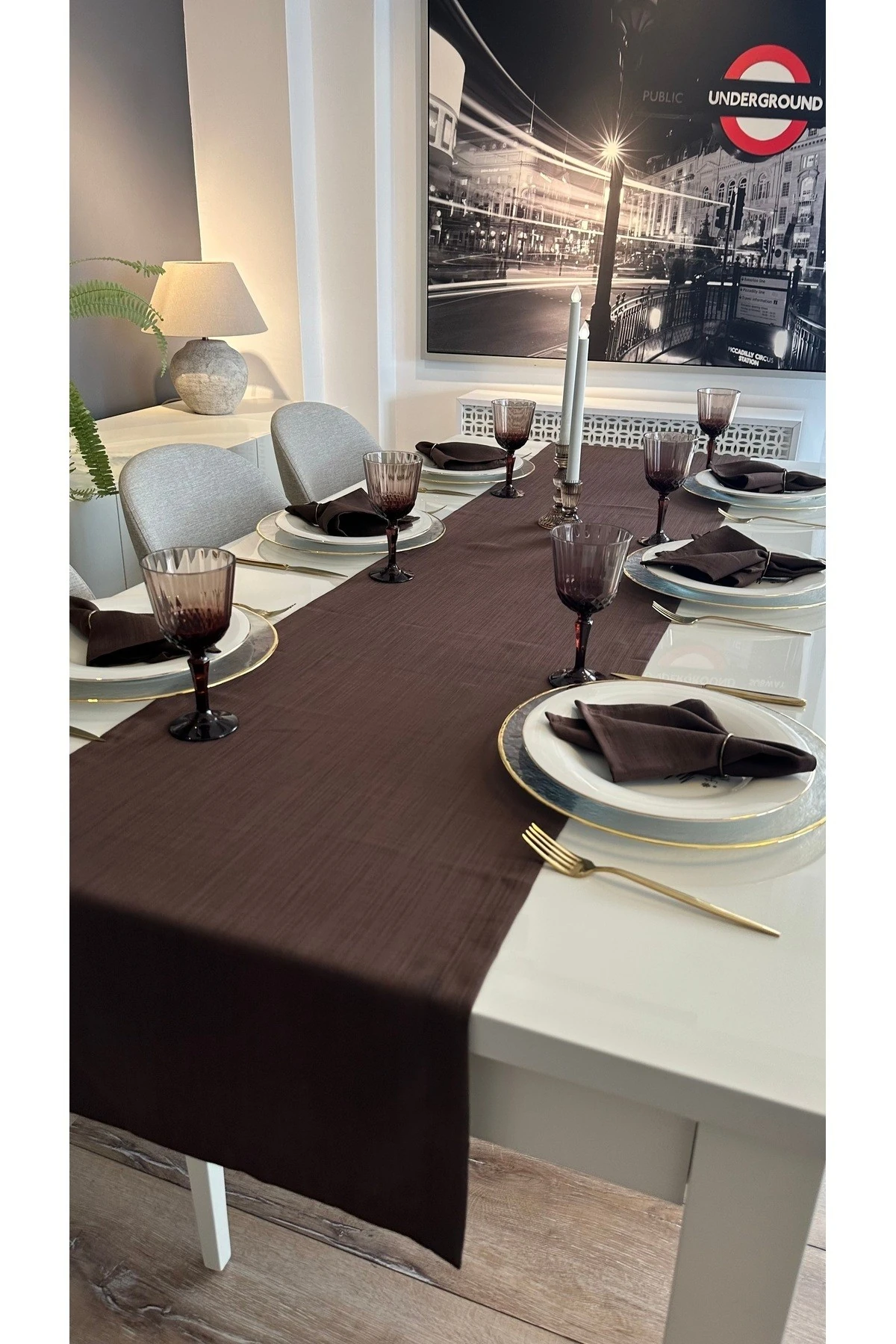 Keten Dokulu Dertsiz Kahverengi Runner