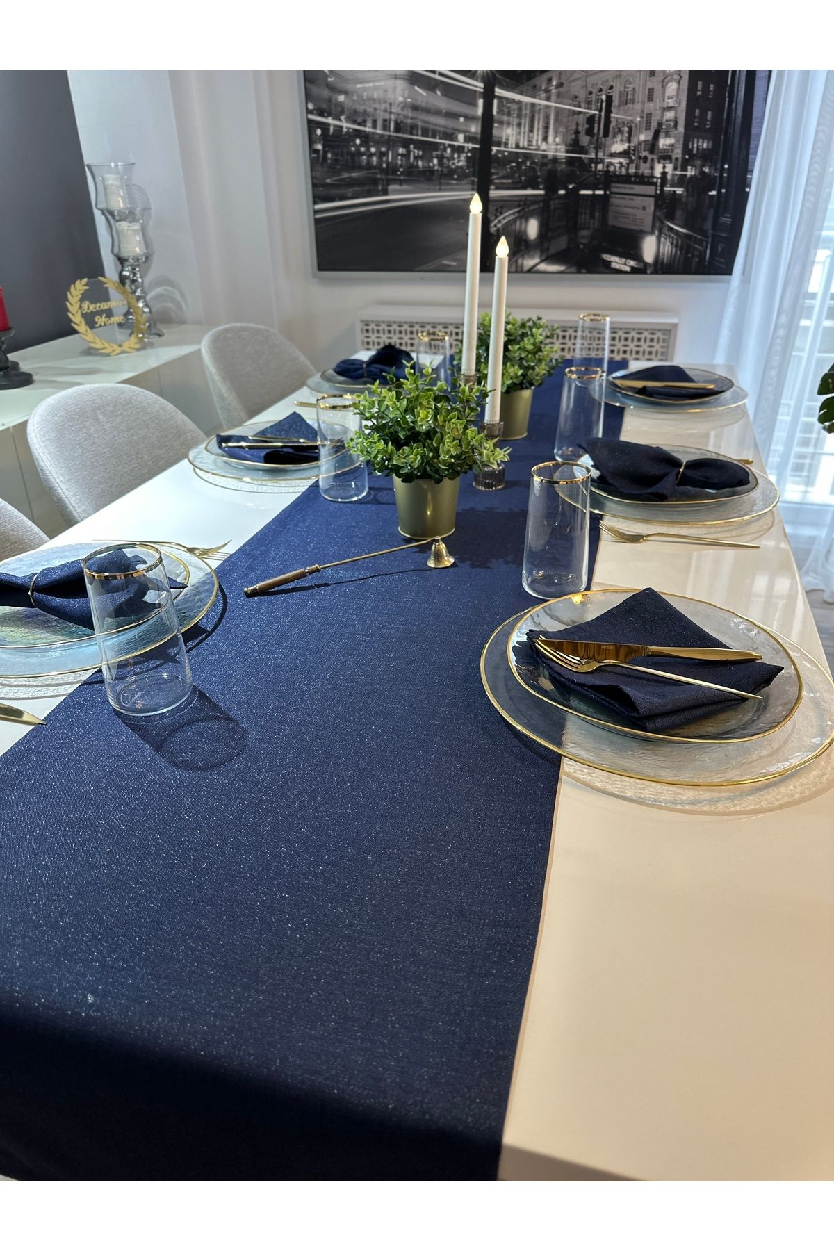 Keten Dokulu Simli Lacivert Uzun Runner