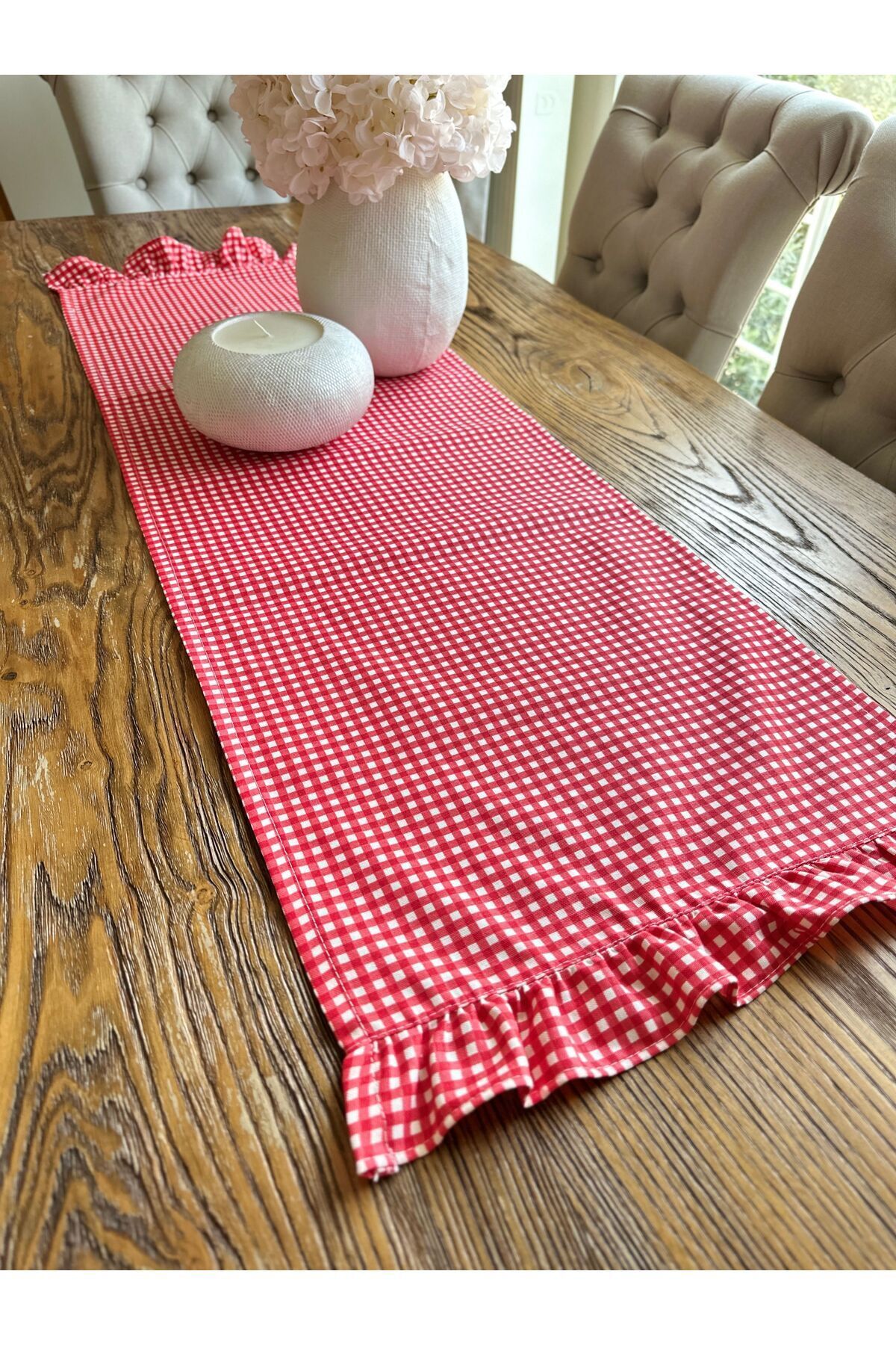 Vintage Mini Pötikareli Dertsiz Leke Tutmaz Kırmızı Fırfırlı Runner