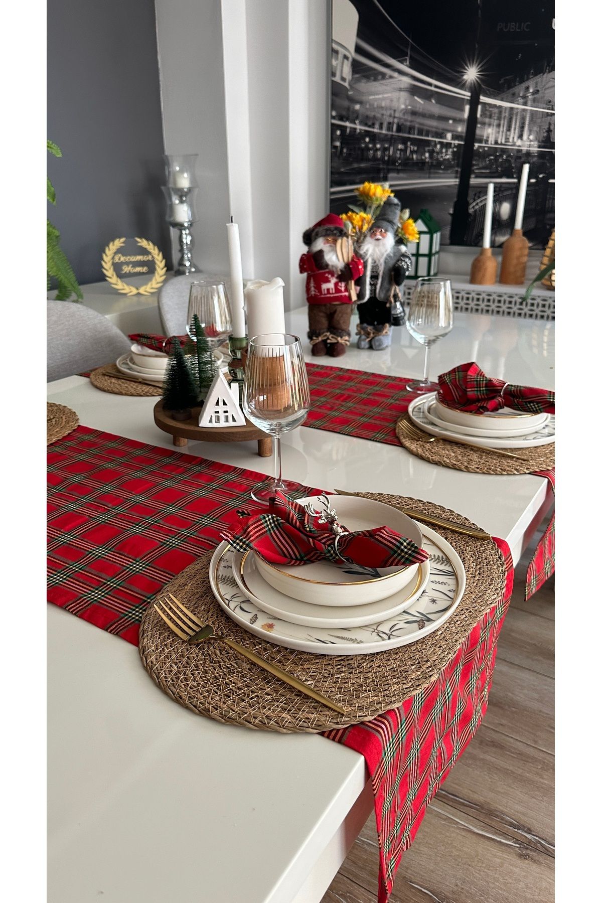 Ekose Desen Pamuklu Kısa Runner Yeni Yıl Runner