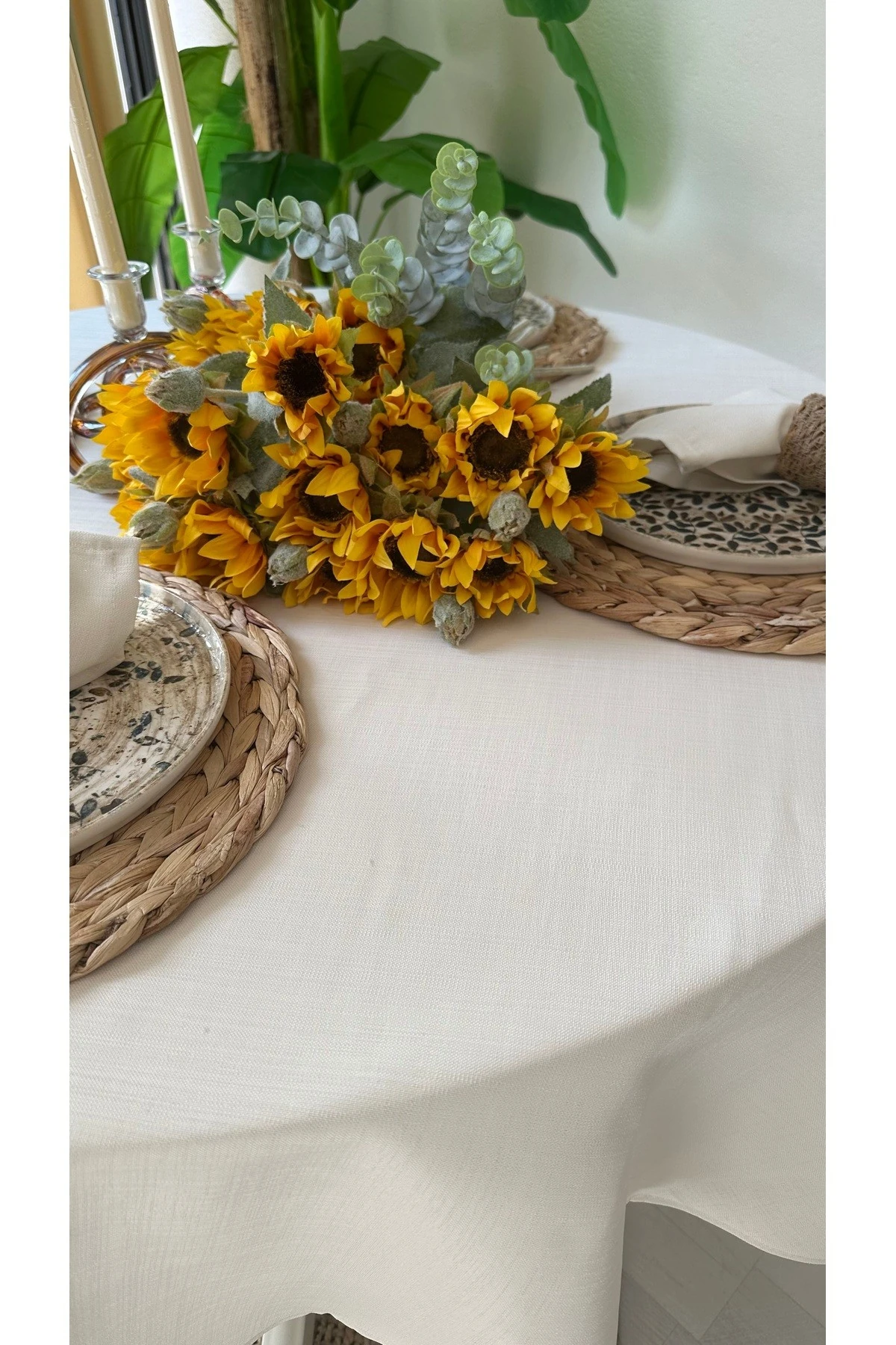 Keten Dokulu Yuvarlak Masa Örtüsü Düz Model - 5