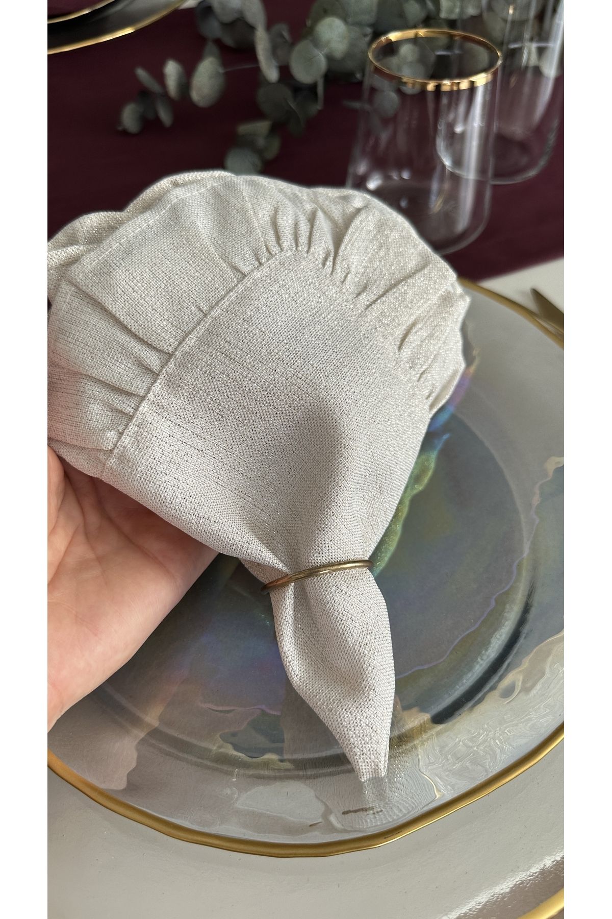 Fırfırlı Gold Simli Ekru Peçete Özel Tasarım Peçete 6 adet