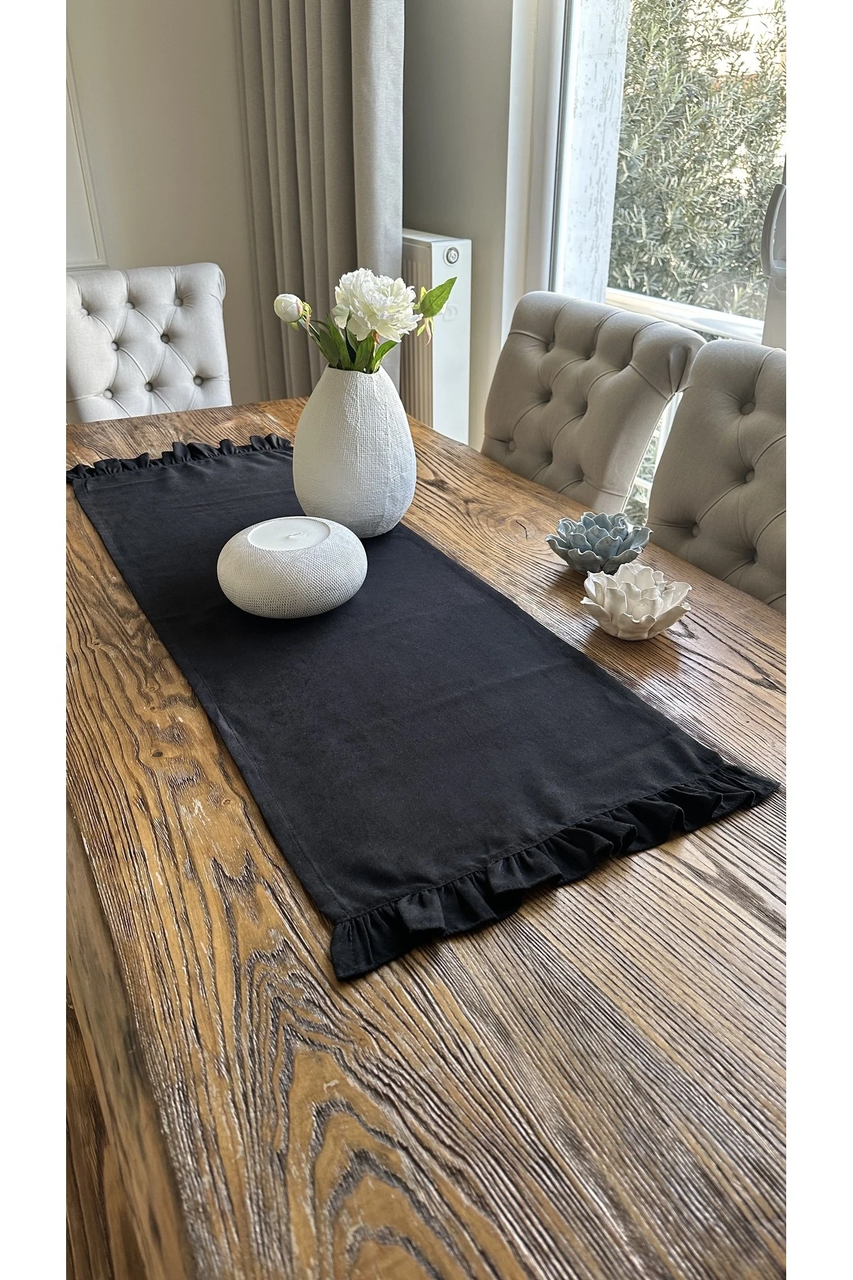 Vintage Tek Kat Fırfırlı Kırmızı Runner Yeni Yıl Runner Yılbaşı Leke Tutmaz - Siyah