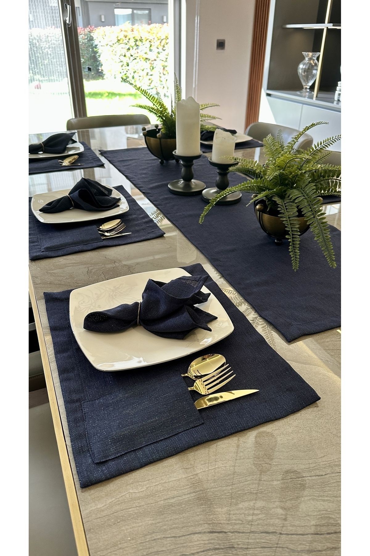 Linen Dertsiz Leke Tutmaz Simli Lacivert Amerikan Runner Set Kaşıklıklı Amerikan Servis