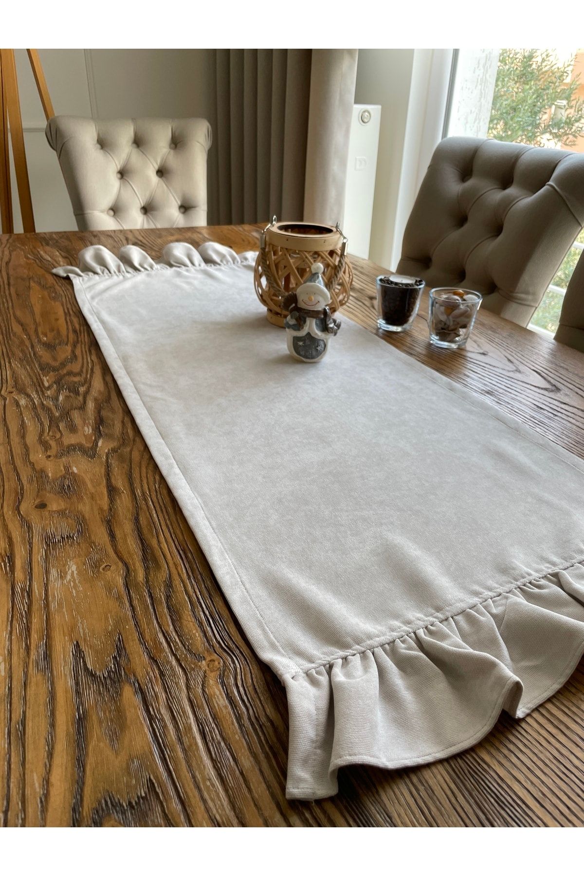 Taş Rengi Fırfırlı Dekoratif Vintage Runner