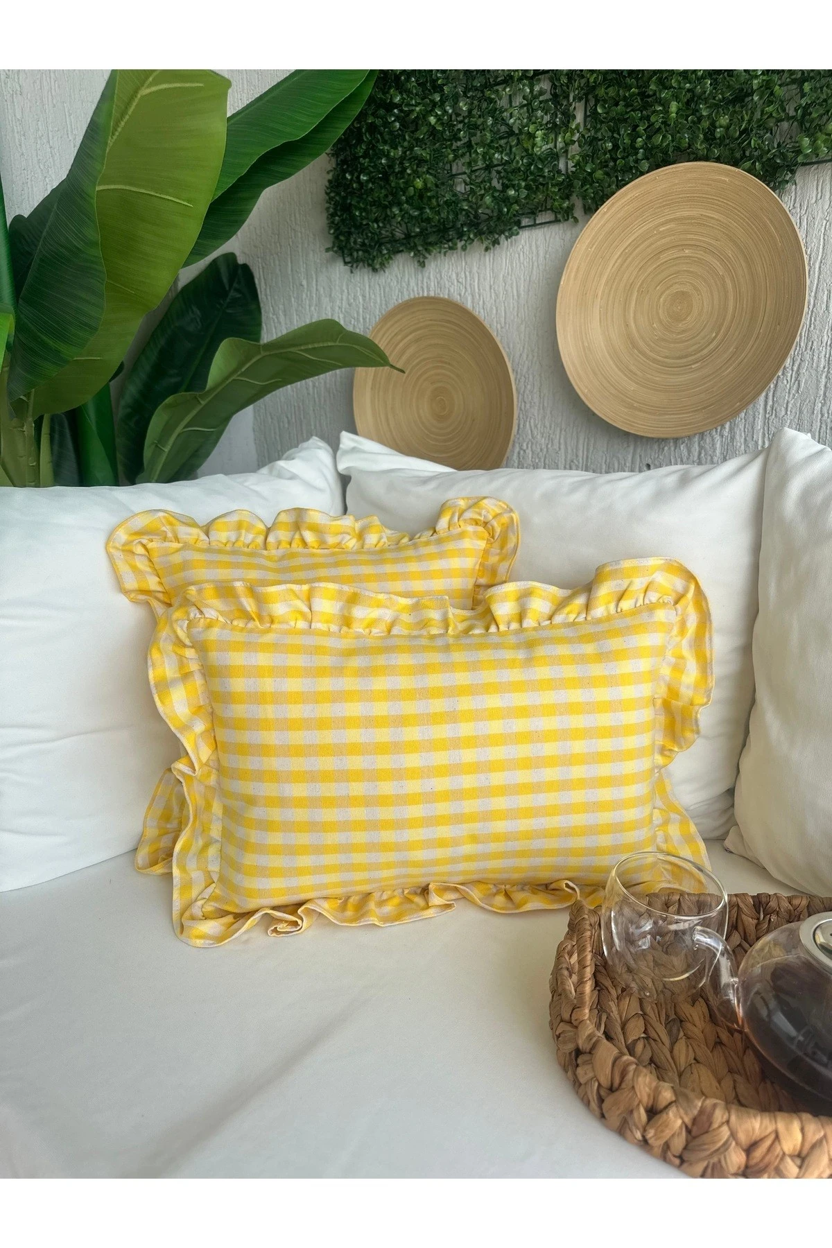 Keten Doku Vintage Pötikareli Fırfırlı Kırlent Kılıfı 3