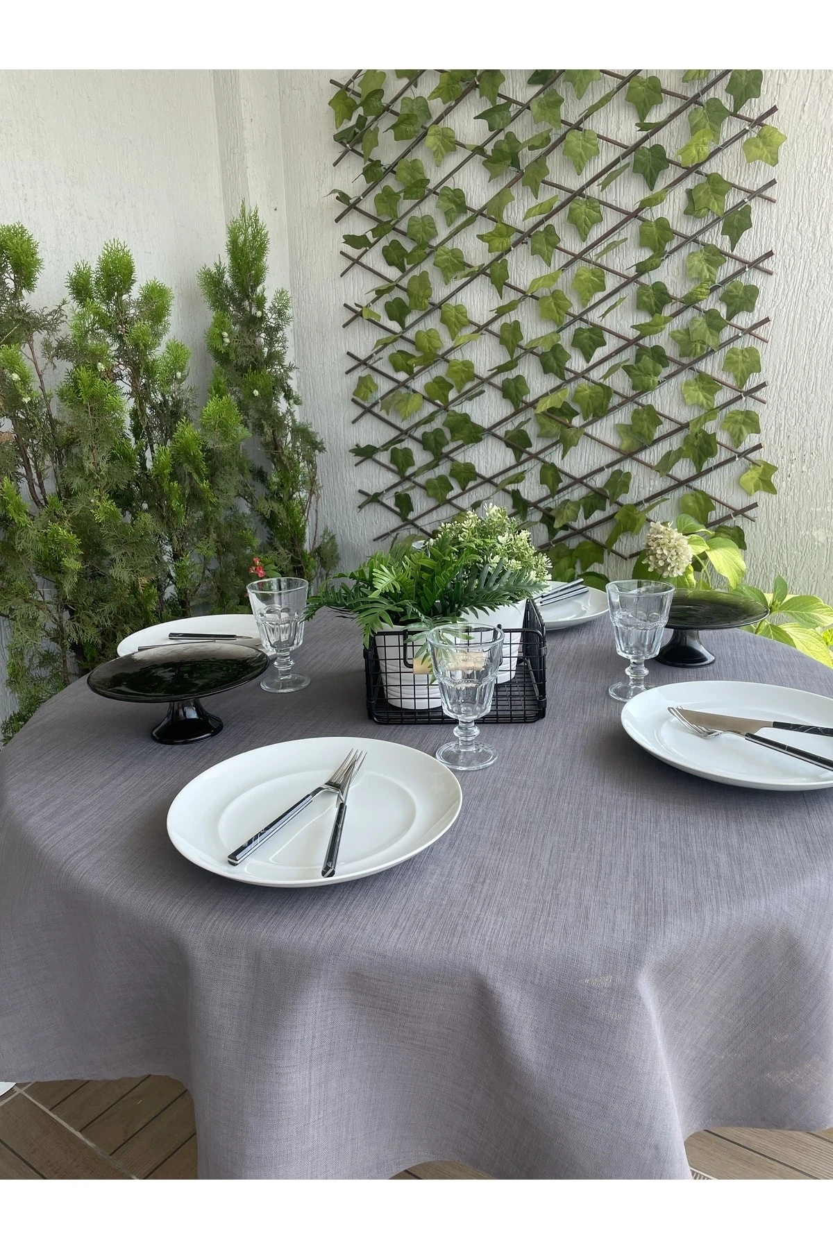 Keten Dokulu Antrasit Füme Yuvarlak Masa Örtüsü
