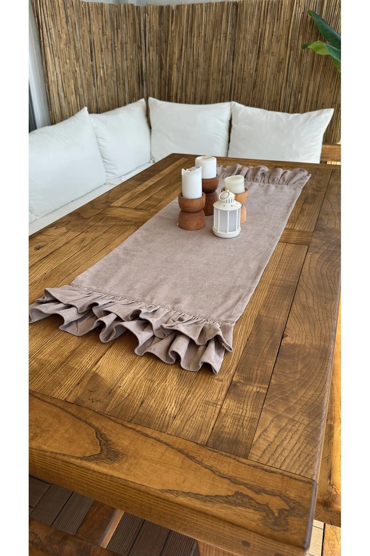 Vintage Kadife Dokulu Dertsiz Çift Kat Fırfırlı Kahverengi Runner