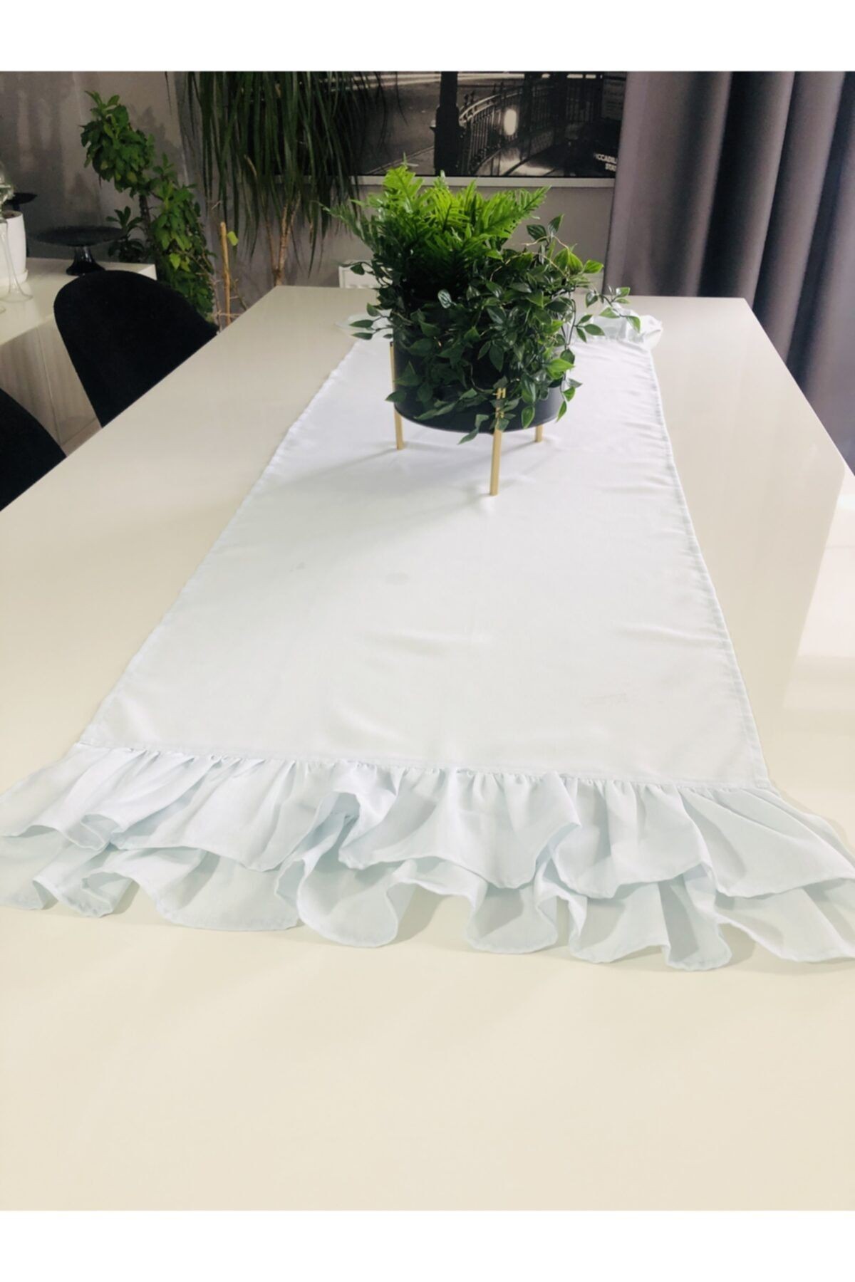 Keten Su Yeşili Fırfırlı Vıntage Şık Runner
