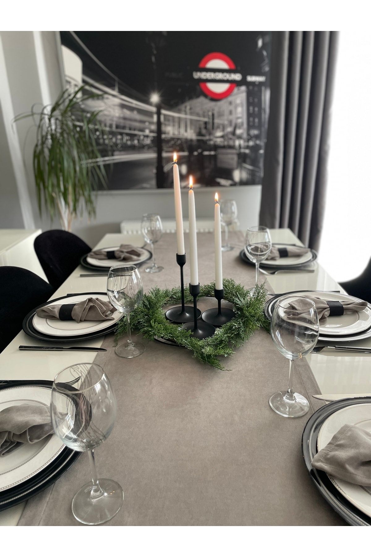 Kadife Dokulu Dertsiz Gri Uzun Runner