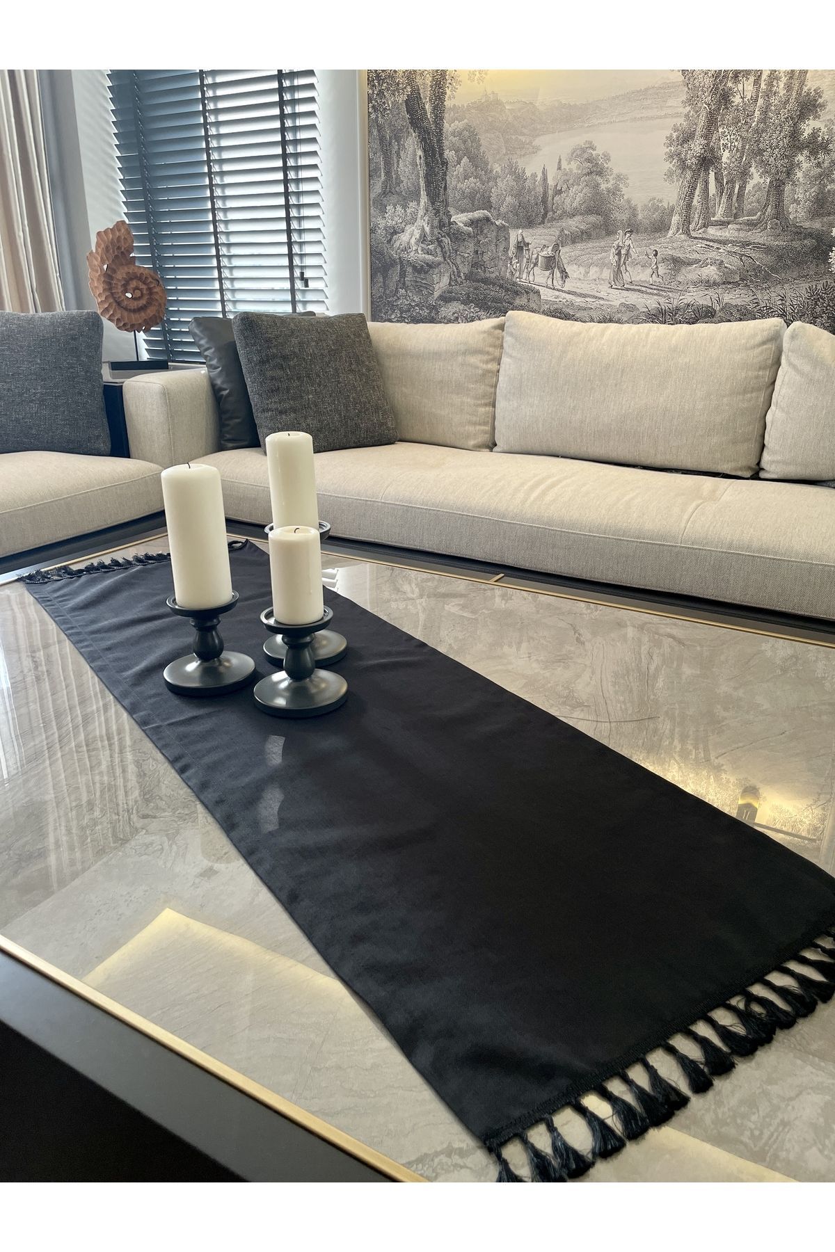 Püsküllü Siyah Runner Keten Püsküllü Runner