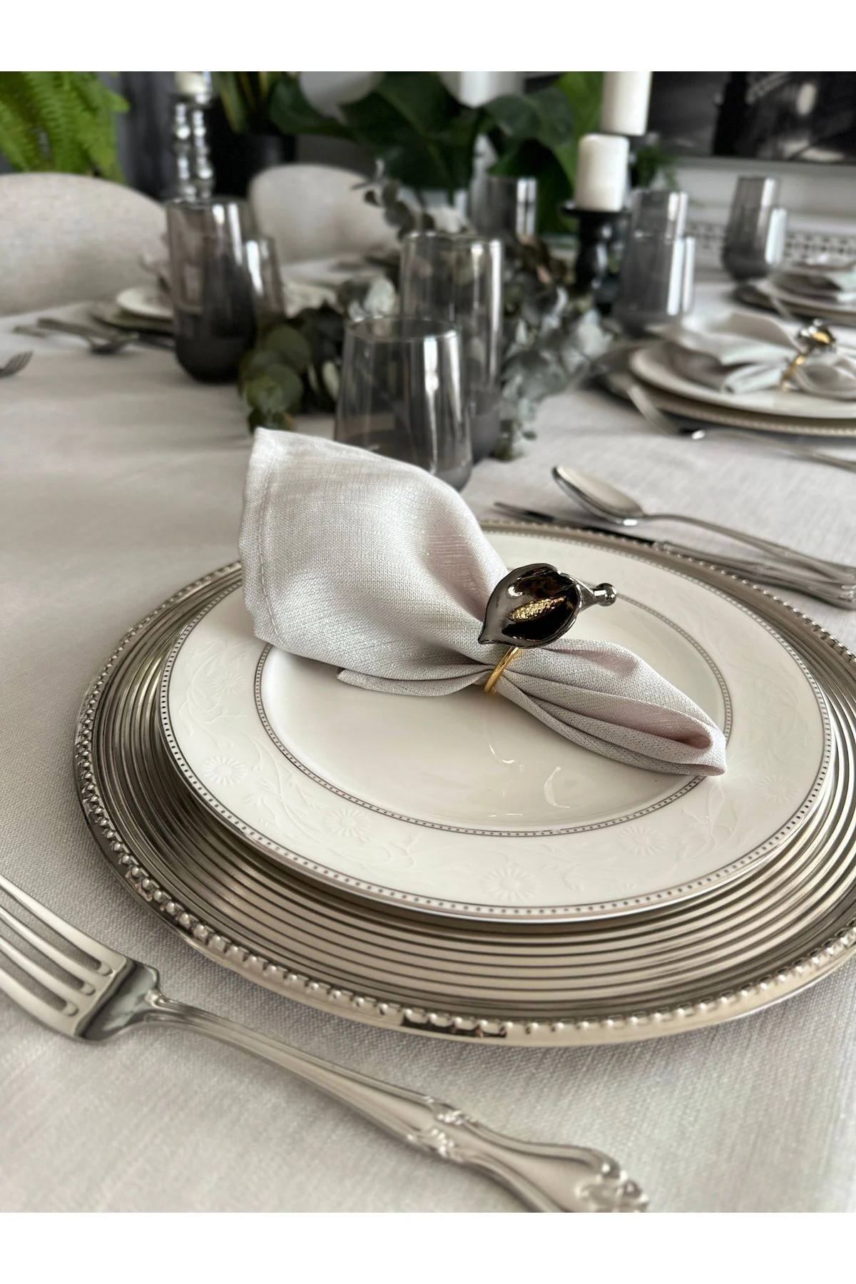 6'lı Keten Dokulu Simli Gri Peçete Kumaş Peçete