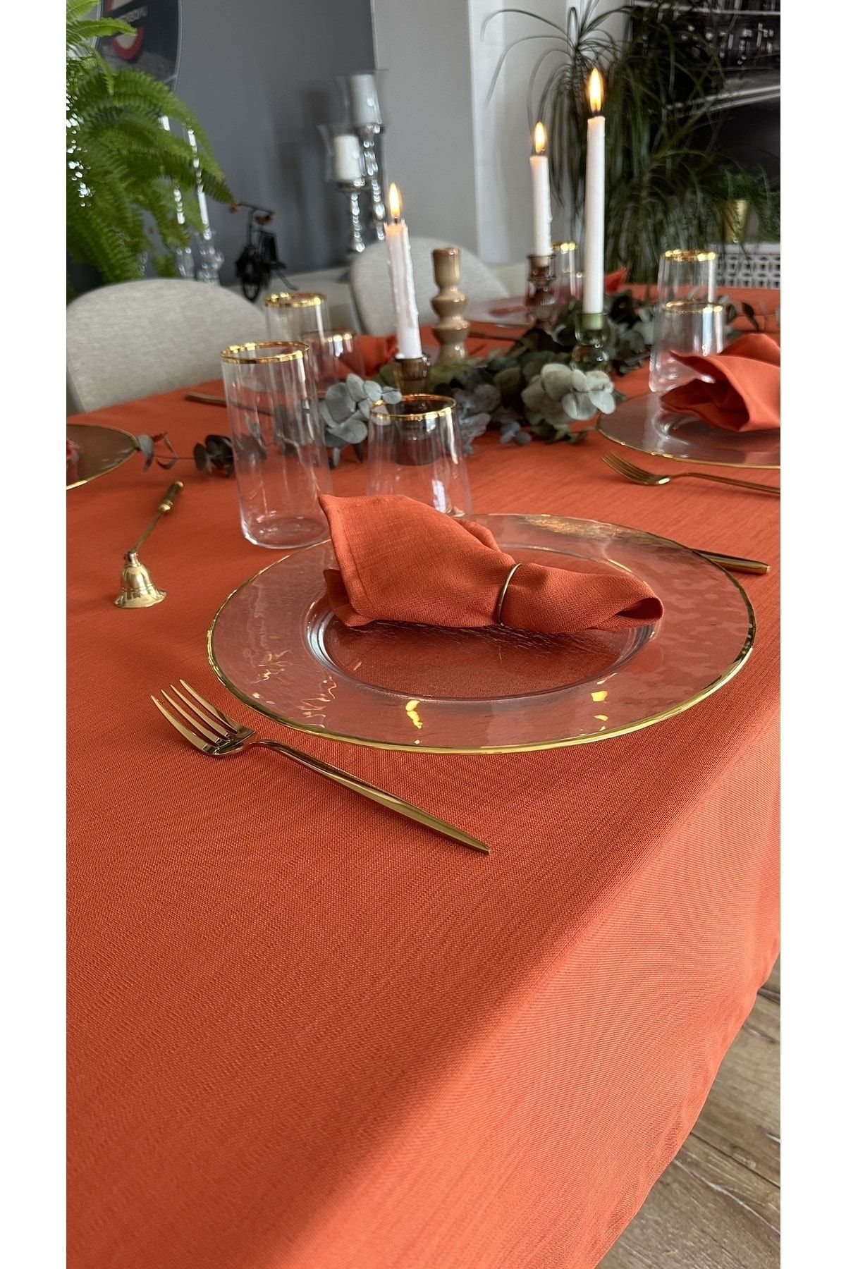 Keten Dokulu Dertsiz Kiremit Yanık Turuncu Tarçın Masa Örtüsü
