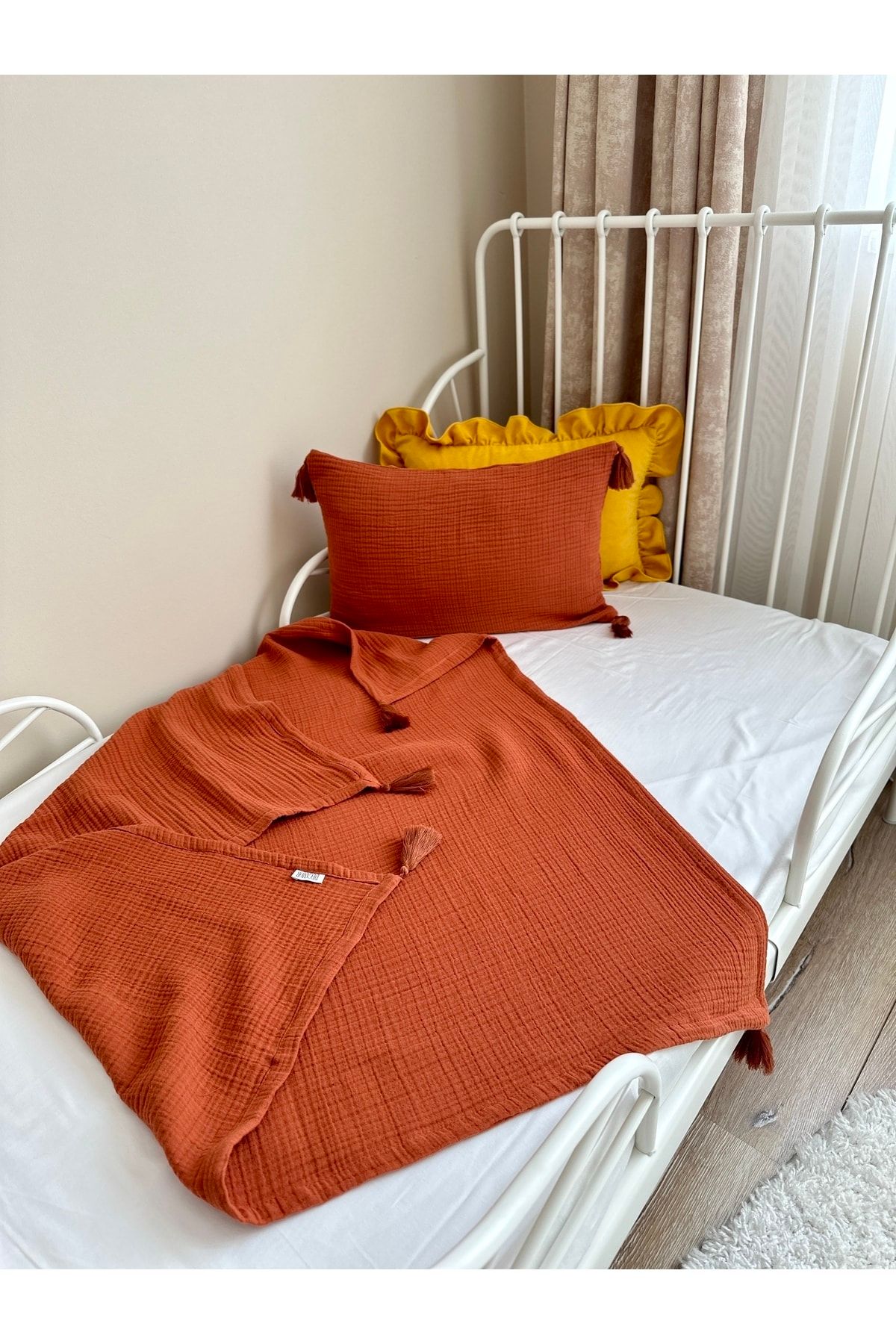 Kiremit 100% Pamuk 4 Katlı Müslin Battaniye Kırlent Set Kiremit Püskül Bebek Ve Çocuk Müslin Örtüsü