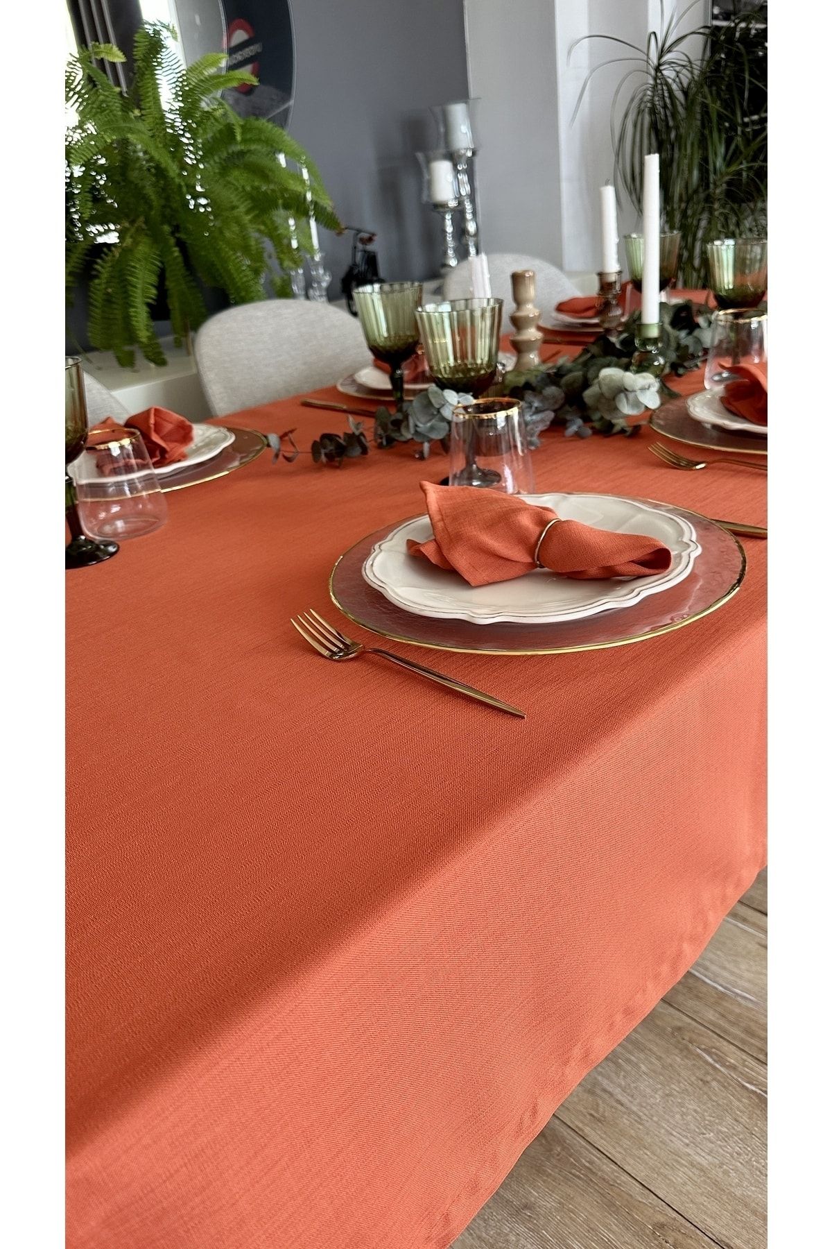 Keten Dokulu Dertsiz Kiremit Yanık Turuncu Tarçın Masa Örtüsü