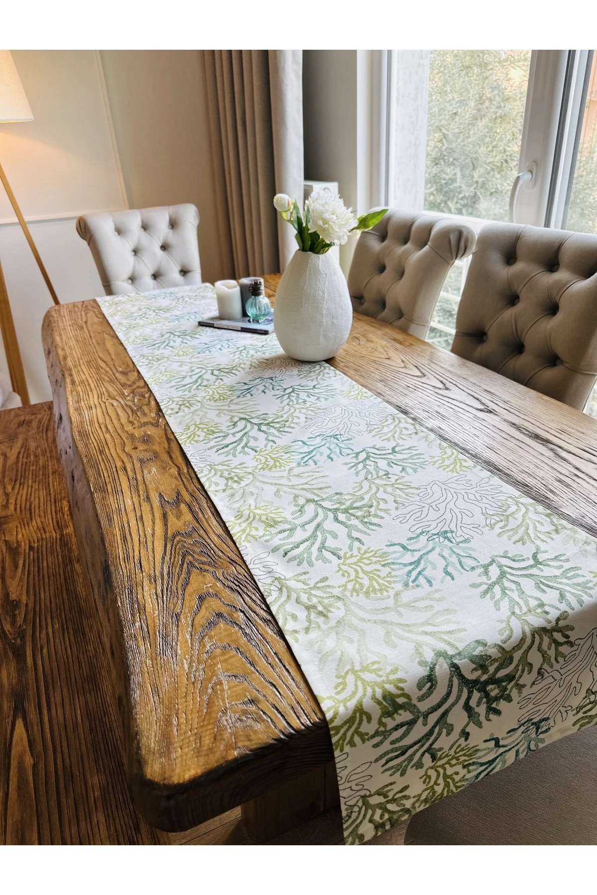 Yeşil Ekru Dertsiz Mercan Desenli Uzun Runner