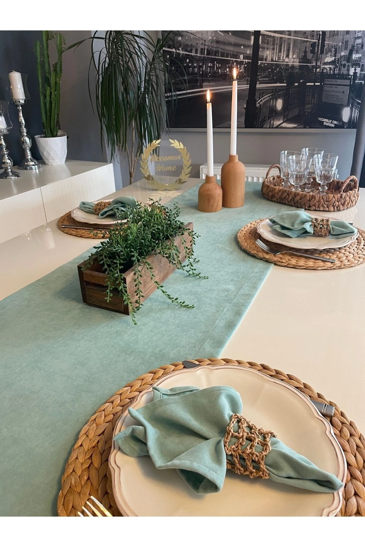 Kadife Dokulu Dertsiz Mint Yeşili Runner