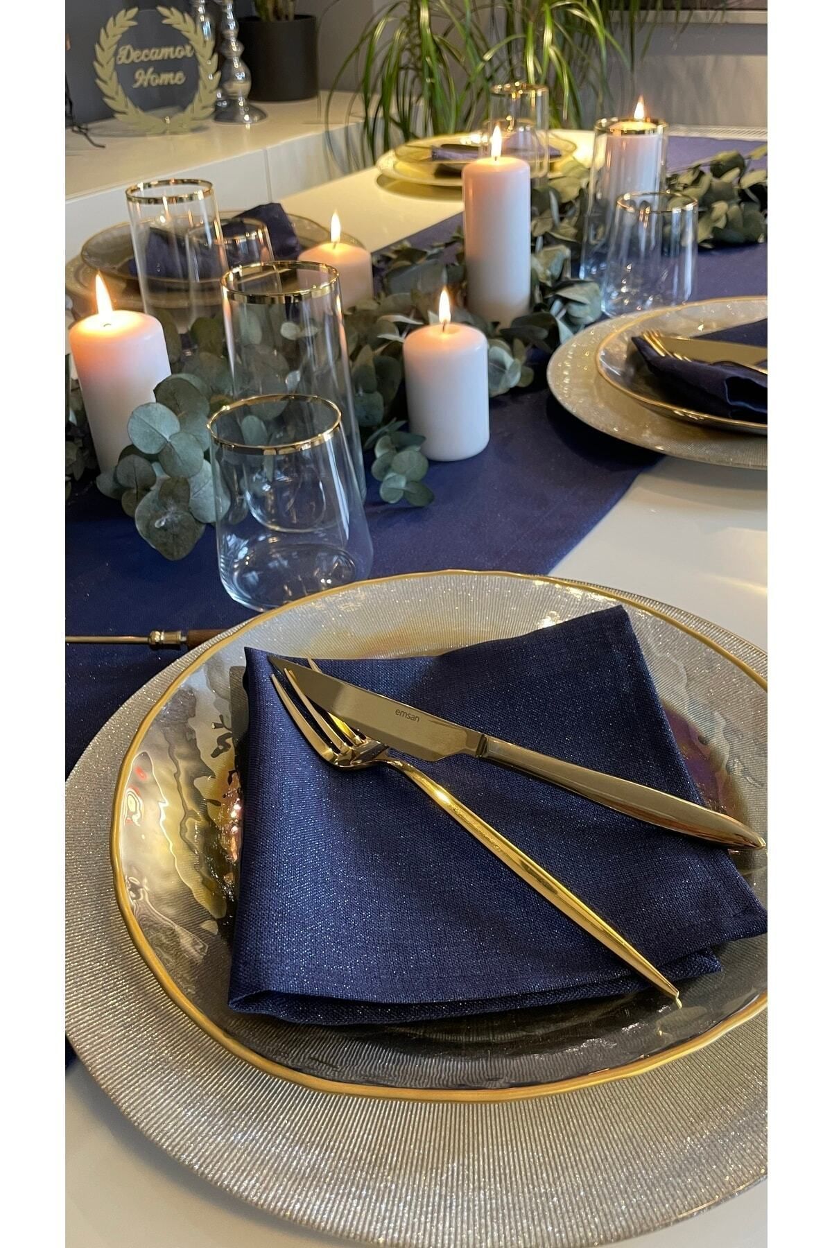 Keten Dokulu Simli Lacivert Uzun Runner