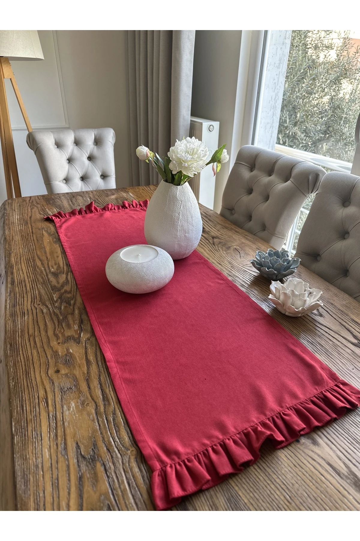 Vintage Tek Kat Fırfırlı Kırmızı Runner Yeni Yıl Runner Yılbaşı Leke Tutmaz