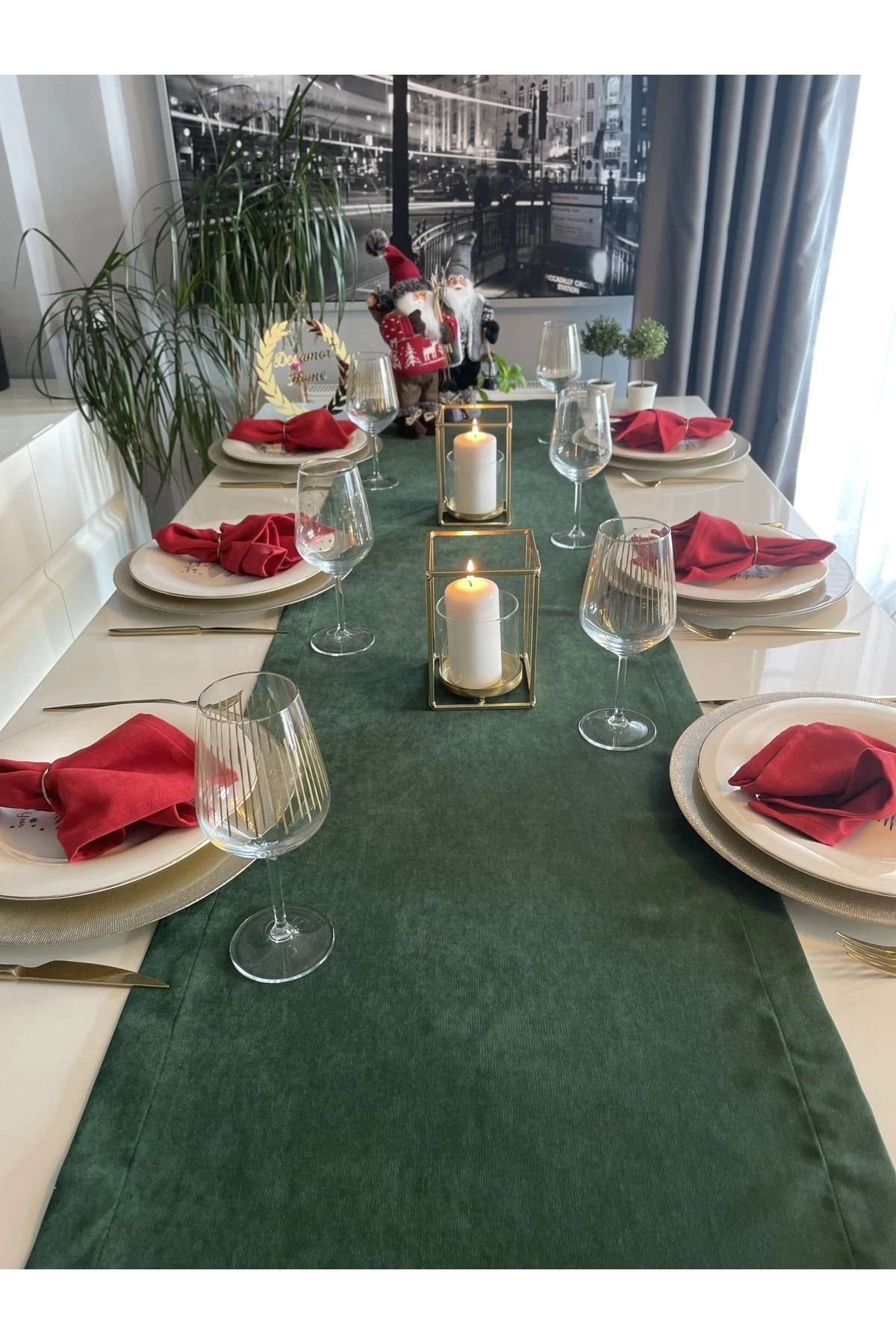 Kadife Dokulu Dertsiz Koyu Yeşil Runner Yılbaşı Özel Masası