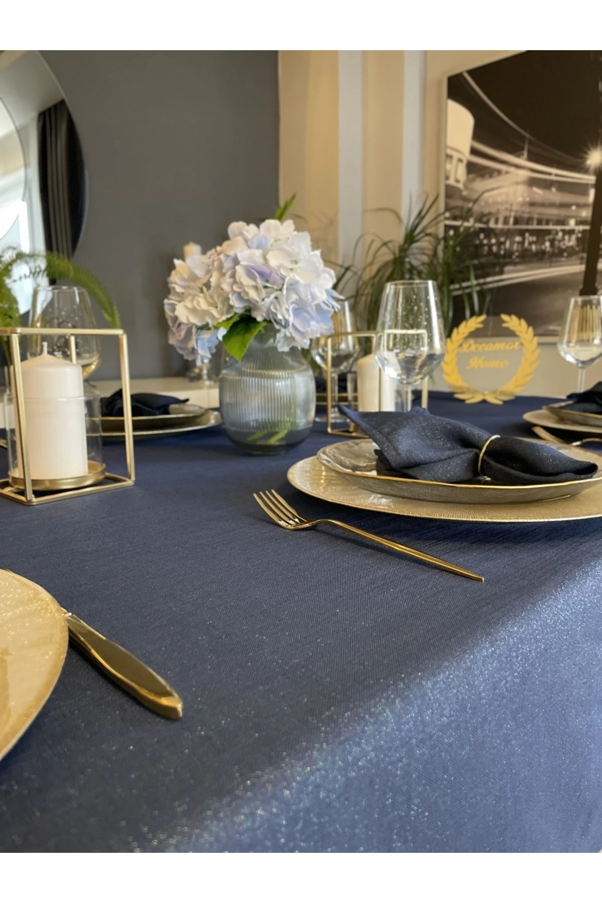 Keten Dokulu Simli Masa Örtüsü Düz Model