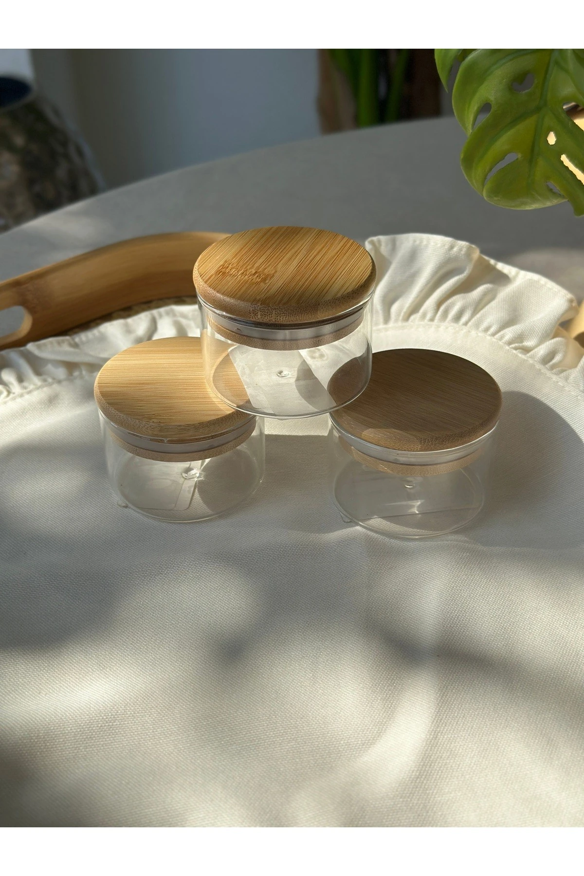 3 ad Bambu Kapaklı Cam Mini Kavanoz